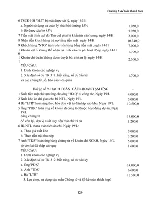 Chương 4. Kế toán thanh toán


6 TSCĐ HH "M.T" bị mất được xử lý, ngày 14/H:
  a. Người sử dụng và quản lý phải bồi thường 15%                               1.050,0
  b. Số được xóa bỏ 85%                                                         5.950,0
7 Tiền mặt thiếu quĩ do Thủ quĩ phải bị khấu trừ vào lương, ngày 14/H           2.000,0
8 Nhận tiền khách hàng trả nợ bằng tiền mặt , ngày 14/H                         10.340,0
9 Khách hàng "NTG" trả trước tiền hàng bằng tiền mặt , ngày 14/H                7.000,0
1 Khoản vật tư không thể nhận lại, tính vào chi phí hoạt động, ngày 14/H
                                                                                 1.700,0
0
1 Khoản chi dự án không được duyệt bỏ, chờ xử lý, ngày 14/H
                                                                                 2.300,0
1
  YÊU CẦU:
  1. Định khoản các nghiệp vụ
  2. Xác định số dư TK 311, biết rằng, số dư đầu kỳ                              1.700,0
  và các chứng từ, sổ, báo cáo liên quan

           Bài tập số 9. HẠCH TOÁN CÁC KHOẢN TẠM ỨNG                                -
1 Xuất tiền mặt chi tạm ứng cho ông "HXQ" đi công tác, Ngày 19/L                 4.000,0
2 Xuất kho ấn chỉ giao cho bà NTL, Ngày 19/L                                     3.000,0
4 Bà "LTR" hoàn ứng theo hóa đơn vật tư đã nhập vào kho, Ngày 19/L              10.500,0
5 Ông "PĐK" hoàn ứng về khoản đi công tác thuộc hoạt động dự án, Ngày
  19/L
  bằng chứng từ                                                                 14.000,0
  Số còn lại, đơn vị xuất quỹ tiền mặt chi trả bù                                1.200,0
6 Bà NTL thanh toán tiền ấn chỉ, Ngày 19/L:
  a. Theo giá xuất kho                                                           3.000,0
  b. Theo tiền mặt thu nộp                                                       3.200,0
7 Anh "TDS" hoàn ứng bằng chứng từ về khoản chi NCKH, Ngày 19/L                  5.000,0
  số còn lại đã nhập vào quy                                                     1.600,0
  YÊU CẦU:
  1. Định khoản các nghiệp vụ
  2. Xác định số dư TK 312, biết rằng, số dư đầu kỳ
  a. Ông"PĐK"                                                                   14.000,0
  b. Anh "TDS"                                                                   6.600,0
  c. Bà "LTR"                                                                   12.500,0
    3. Lựa chọn, sử dụng các mẫu Chứng từ và Sổ kế toán thích hợp?


                                           129
 