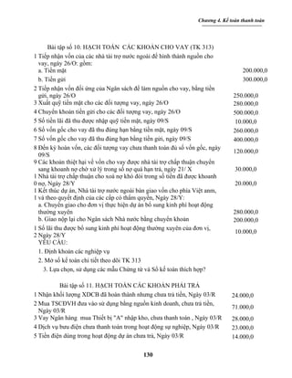 Chương 4. Kế toán thanh toán




      Bài tập số 10. HẠCH TOÁN CÁC KHOẢN CHO VAY (TK 313)
1 Tiếp nhận vốn của các nhà tài trợ nước ngoài để hình thành nguồn cho
  vay, ngày 26/O: gồm:
  a. Tiền mặt                                                                    200.000,0
  b. Tiền gửi                                                                    300.000,0
2 Tiếp nhận vốn đối ứng của Ngân sách để làm nguồn cho vay, bằng tiền
  gửi, ngày 26/O                                                             250.000,0
3 Xuất quỹ tiền mặt cho các đối tượng vay, ngày 26/O                         280.000,0
4 Chuyển khoản tiền gửi cho các đối tượng vay, ngày 26/O                     500.000,0
5 Số tiền lãi đã thu được nhập quỹ tiền mặt, ngày 09/S                       10.000,0
6 Số vốn gốc cho vay đã thu đúng hạn bằng tiền mặt, ngày 09/S                260.000,0
7 Số vốn gốc cho vay đã thu đúng hạn bằng tiền gửi, ngày 09/S                400.000,0
8 Đến kỳ hoàn vốn, các đối tượng vay chưa thanh toán đủ số vốn gốc, ngày
                                                                             120.000,0
  09/S
9 Các khoản thiệt hại về vốn cho vay được nhà tài trợ chấp thuận chuyển
  sang khoanh nợ chờ xử lý trong số nợ quá hạn trả, ngày 21/ X                30.000,0
1 Nhà tài trợ chấp thuận cho xoá nợ khó đòi trong số tiền đã được khoanh
0 nợ, Ngày 28/Y                                                               20.000,0
1 Kết thúc dự án, Nhà tài trợ nước ngoài bàn giao vốn cho phía Việt anm,
1 và theo quyết định của các cấp có thẩm quyền, Ngày 28/Y:
  a. Chuyển giao cho đơn vị thực hiện dự án bổ sung kinh phí hoạt động
  thường xuyên                                                               280.000,0
  b. Giao nộp lại cho Ngân sách Nhà nước bằng chuyển khoản                   200.000,0
1 Số lãi thu được bổ sung kinh phí hoạt động thường xuyên của đơn vị,
                                                                              10.000,0
2 Ngày 28/Y
  YÊU CẦU:
  1. Định khoản các nghiệp vụ
  2. Mở số kế toán chi tiết theo dõi TK 313
    3. Lựa chọn, sử dụng các mẫu Chứng từ và Sổ kế toán thích hợp?

          Bài tập số 11. HẠCH TOÁN CÁC KHOẢN PHẢI TRẢ
1 Nhận khối lượng XDCB đã hoàn thành nhưng chưa trả tiền, Ngày 03/R          24.000,0
2 Mua TSCĐVH đưa vào sử dụng bằng nguồn kinh doanh, chưa trả tiền,
                                                                             71.000,0
  Ngày 03/R
3 Vay Ngân hàng mua Thiết bị "A" nhập kho, chưa thanh toán , Ngày 03/R       28.000,0
4 Dịch vụ bưu điện chưa thanh toán trong hoạt động sự nghiệp, Ngày 03/R      23.000,0
5 Tiền điện dùng trong hoạt động dự án chưa trả, Ngày 03/R                   14.000,0

                                          130
 