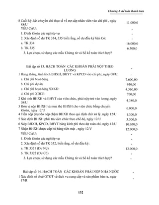 Chương 4. Kế toán thanh toán


8 Cuối kỳ, kết chuyển chi thực tế về trợ cấp nhân viên vào chi phí , ngày
                                                                                11.000,0
  88/U
  YÊU CẦU:                                                                          -
  1. Định khoản các nghiệp vụ                                                       -
  2. Xác định số dư TK 334, 335 biết rằng, số dư đầu kỳ bên Có:                     -
  a. TK 334                                                                     16.000,0
  b. TK 335                                                                     6.500,0
    3. Lựa chọn, sử dụng các mẫu Chứng từ và Sổ kế toán thích hợp?



      Bài tập số 13. HẠCH TOÁN CÁC KHOẢN PHẢI NỘP THEO
                                                                                   -
                                 LƯƠNG
1 Hàng tháng, tính trích BHXH, BHYT và KPCĐ vào chi phí, ngày 08/U:                -
  a. Chi phí hoạt động                                                         7.600,00
  b. Chi phí dự án                                                              950,00
  c. Chi phí hoạt động SXKD                                                    4.560,00
  d. Chi phí XDCB                                                               760,00
2 Khi tính BHXH và BHYT của viên chức, phải nộp trừ vào lương, ngày
                                                                                4.380,0
  08/U
3 Đơn vị nộp BHXH và mua thẻ BHXH cho viên chức bằng chuyển
                                                                                6.000,0
  khoản, ngày 12/U
4 Tiền nộp phạt do nộp chậm BHXH theo qui định chờ xử lý, ngày 12/U             1.300,0
5 Xác định BHXH phải trả viên chức theo chế độ, ngày 12/U                       3.500,0
6 Nộp BHXH, KPCĐ, BHYT bằng kinh phí theo dự toán chi, ngày 12/U               10.050,0
7 Nhận BHXH được cấp bù bằng tiền mặt , ngày 12/V                              12.000,0
  YÊU CẦU:                                                                         -
  1. Định khoản các nghiệp vụ                                                      -
  2. Xác định số dư TK 332, biết rằng, số dư đầu kỳ:                               -
  a. TK 3321 (Dư Nợ)                                                           12.000,0
  b. TK 3322 (Dư Có)                                                               -
    3. Lựa chọn, sử dụng các mẫu Chứng từ và Sổ kế toán thích hợp?                 -


   Bài tập số 14. HẠCH TOÁN CÁC KHOẢN PHẢI NỘP NHÀ NƯỚC                                -
1 Xác định số thuế GTGT về dịch vụ cung cấp và sản phẩm bán ra, ngày
                                                                                       -
  17/R


                                            132
 