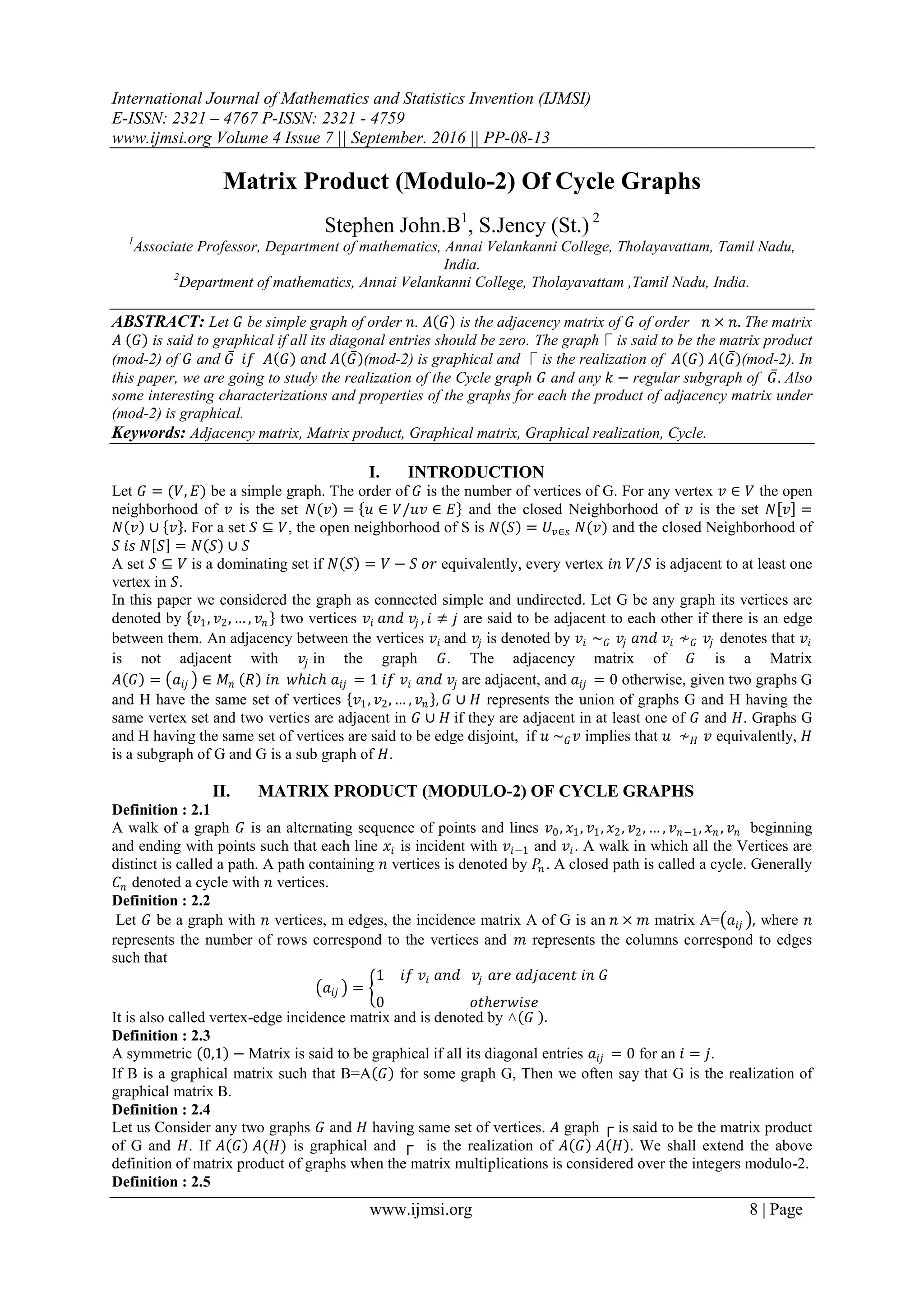 Matrix Product (Modulo-2) Of Cycle Graphs | PDF