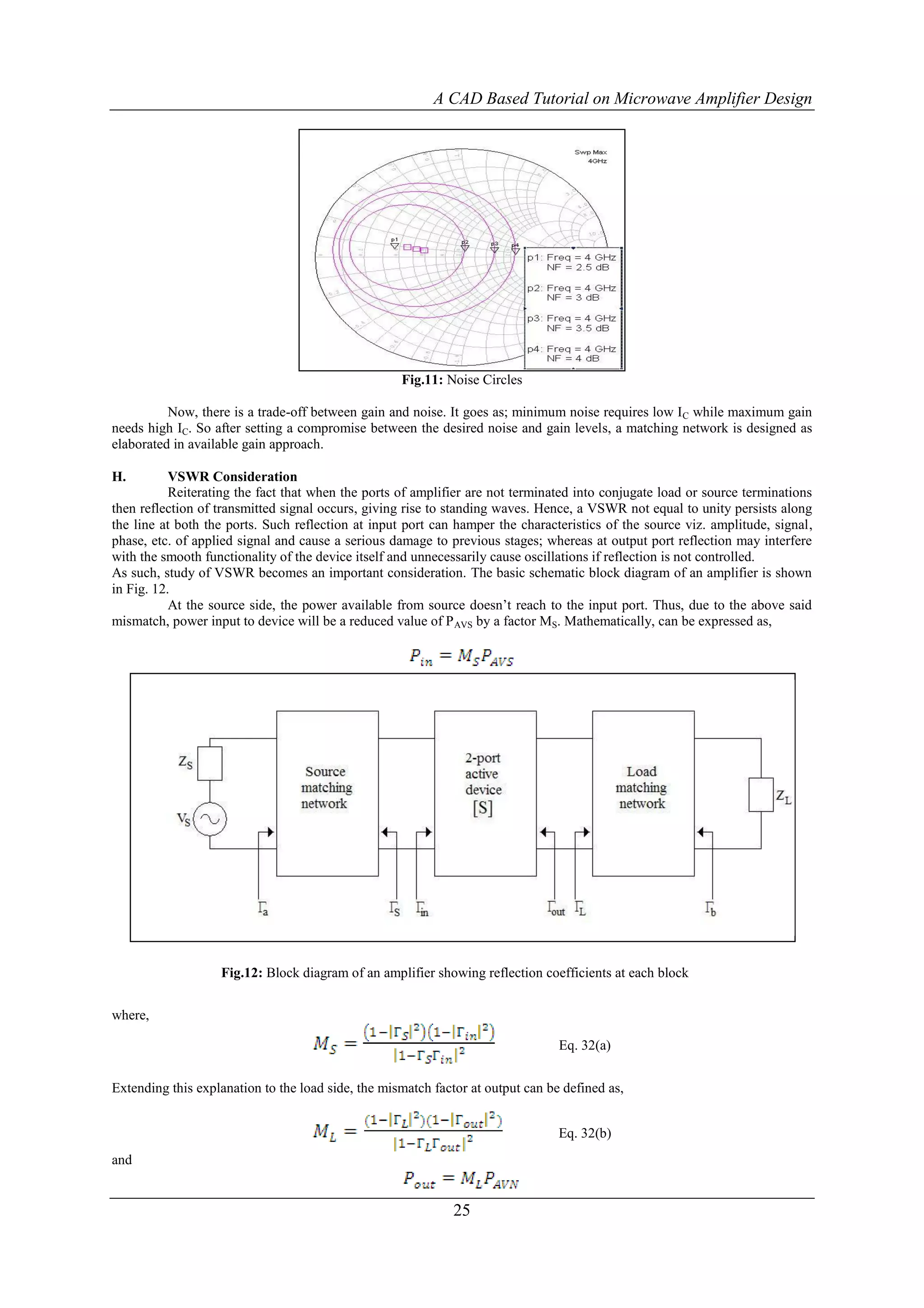 A CAD Based Tutorial on Microwave Amplifier Design




                                                    Fig.11: Noise Circles

          Now, there is a trade-off between gain and noise. It goes as; minimum noise requires low I C while maximum gain
needs high IC. So after setting a compromise between the desired noise and gain levels, a matching network is designed as
elaborated in available gain approach.

H.         VSWR Consideration
           Reiterating the fact that when the ports of amplifier are not terminated into conjugate load or source terminations
then reflection of transmitted signal occurs, giving rise to standing waves. Hence, a VSWR not equal to unity persists along
the line at both the ports. Such reflection at input port can hamper the characteristics of the source viz. amplitude, signal,
phase, etc. of applied signal and cause a serious damage to previous stages; whereas at output port reflection may interfere
with the smooth functionality of the device itself and unnecessarily cause oscillations if reflection is not controlled.
As such, study of VSWR becomes an important consideration. The basic schematic block diagram of an amplifier is shown
in Fig. 12.
           At the source side, the power available from source doesn‟t reach to the input port. Thus, due to the above said
mismatch, power input to device will be a reduced value of P AVS by a factor MS. Mathematically, can be expressed as,




                   Fig.12: Block diagram of an amplifier showing reflection coefficients at each block


where,

                                                                                 Eq. 32(a)


Extending this explanation to the load side, the mismatch factor at output can be defined as,


                                                                                 Eq. 32(b)
and


                                                              25
 