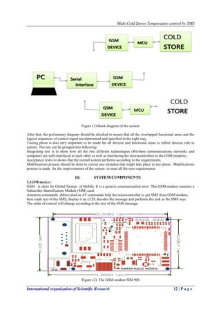 Multi Cold Stores Temperature control by SMS
International organization of Scientific Research 12 | P a g e
Figure (1) block diagram of the system
After that, the preliminary diagram should be checked to ensure that all the overlapped functional areas and the
logical sequences of control signal are determined and specified in the right way.
Testing phase is also very important to be made for all devices and functional areas to reflect devices role in
system. The test can be grouped into following:
Integrating test is to show how all the two different technologies (Wireless communications networks and
computer) are well-interfaced to each other as well as interfacing the microcontrollers to the GSM modems..
Acceptance testis to shows that the overall system performs according to the requirements.
Modifications process should be done to correct any mistakes that might take place in any phase . Modifications
process is made for the improvements of the system to meet all the new requirements.
III. SYSTEM COMPONENTS
1.GSM modem :
GSM is short for Global System of Mobile. It is a generic communication term .The GSM modem contains a
Subscriber Identification Module (SIM) card.
Attention commands abbreviated as AT commands help the microcontroller to get SMS from GSM modem,
then reads text of the SMS, display it on LCD, decodes the message and performs the task as the SMS says.
The order of control will change according to the text of the SMS message.
Figure (2) The GSM modem SIM 900
 
