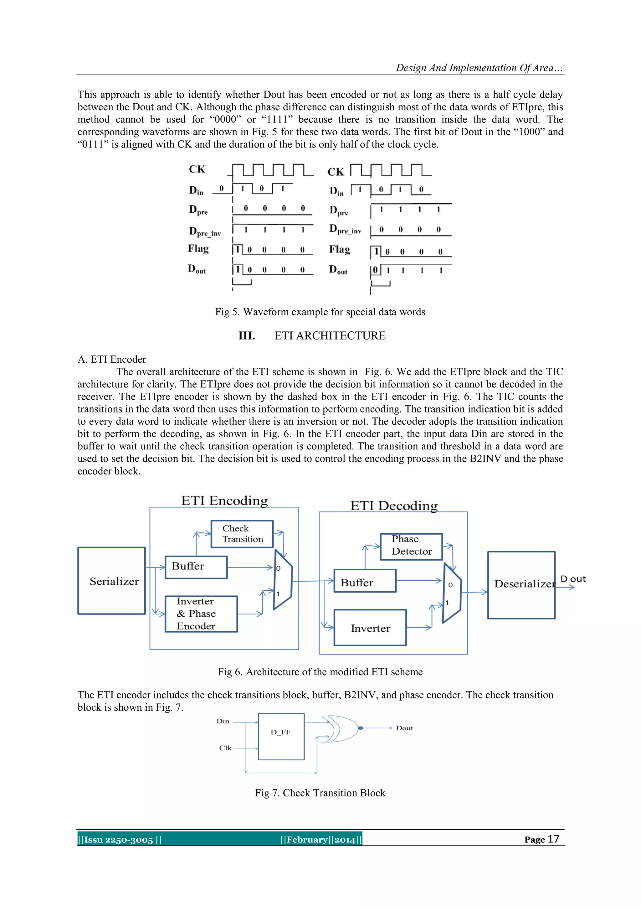 Design And Implementation Of Area…
This approach is able to identify whether Dout has been encoded or not as long as there is a half cycle delay
between the Dout and CK. Although the phase difference can distinguish most of the data words of ETIpre, this
method cannot be used for “0000” or “1111” because there is no transition inside the data word. The
corresponding waveforms are shown in Fig. 5 for these two data words. The first bit of Dout in the “1000” and
“0111” is aligned with CK and the duration of the bit is only half of the clock cycle.

Fig 5. Waveform example for special data words

III.

ETI ARCHITECTURE

A. ETI Encoder
The overall architecture of the ETI scheme is shown in Fig. 6. We add the ETIpre block and the TIC
architecture for clarity. The ETIpre does not provide the decision bit information so it cannot be decoded in the
receiver. The ETIpre encoder is shown by the dashed box in the ETI encoder in Fig. 6. The TIC counts the
transitions in the data word then uses this information to perform encoding. The transition indication bit is added
to every data word to indicate whether there is an inversion or not. The decoder adopts the transition indication
bit to perform the decoding, as shown in Fig. 6. In the ETI encoder part, the input data Din are stored in the
buffer to wait until the check transition operation is completed. The transition and threshold in a data word are
used to set the decision bit. The decision bit is used to control the encoding process in the B2INV and the phase
encoder block.

Fig 6. Architecture of the modified ETI scheme
The ETI encoder includes the check transitions block, buffer, B2INV, and phase encoder. The check transition
block is shown in Fig. 7.

Fig 7. Check Transition Block

||Issn 2250-3005 ||

||February||2014||

Page 17

 