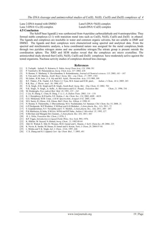 The DNA cleavage and antimicrobial studies of Co(II), Ni(II), Cu(II) and Zn(II) complexes of 4
www.iosrjournals.org 19 | Page
Lane 2-DNA treated with DMSO Lane5-DNA+Ni(II) complex
Lane 3-DNA+Cu (II) complex Lane6-DNA+Co(II) complex
4.5 Conclusion
The Schiff base ligand(L) was synthesized from 4-pyridine carboxaldehyde and 4-aminopyridine. They
formed stable complexes (2:1) with transition metal ions such as Co(II), Ni(II), Cu(II) and Zn(II) in ethanol.
The ligands and complexes are insoluble in water and common organic solvents, but are soluble in DMF and
DMSO. The ligands and their complexes were characterized using spectral and analytical data. From the
spectral and stoichiometric analysis, a hexa coordinated nature was assigned for the metal complexes,,binds
through two pyridine nitrogen atoms and one azomethine nitrogen.The nitrate group is present outside the
coordination sphere. The XRD and SEM studies reveal that the complexes are micro crystalline. The
antimicrobial study showed that Co(II), Ni(II), Cu(II) and Zn(II) complexes have moderately active against the
tested organisms. Nuclease activity studies of complexes showed less cleavage.
References
[1] E. Tselepik – kalouli, N. Katsaros, E. Sidris, Inorg Chem Acta, 124, 1986 181.
[2] P. Tamilselvi, M. Palaniandavar, Inorg. Chem Acta, 337, 2002, 420.
[3] N. Raman, V. Muthuraj, V. Ravichandran, S. Kulandaisamy, Journal of Chemical sciences, 115, 2003, 161 – 167.
[4] S. Vats and L.M. Sharma., Synth React Inorg. Met – org. Chem., 27, 1997, 1565.
[5] M. Gaber., R.M. Issia., F.A. Aly and M.I. Ayad., Thermochim. Acta.,155,1989, 309.
[6] B.T. Thaker., P.K. Tnadel, A.S. Patel, C.J. Vyas, M.S. Jesani and D.M. patel., Indian. J. Chem., 44 A, 2005, 265.
[7] R.K. Ray., J. Therm. Anal., 36, 1990, 455.
[8] N. K. Singh., D.K. Singh and S.B. Singh., Synth.Realt. Inorg. Met – Org. Chem. 32, 2002, 703.
[9] N.K. Singh., N. Singh., A. Sofhi., A. Shrivastava and G.C. Prasad., Transition Met. Chem.,21, 1996, 556 .
[10] M. Dizdaroglu, Free radical Biol. Med. 10, 1991, 225 – 242.
[11] J. Liu, H. Zhang, C. Chen, H. Deng, T. Li, L. Ji, Dalton Trans. 2003, 114 – 119.
[12] K. J. Humphreys, K.D karlin, S.E. Rokita, J. Am. Chem. Soc, 124, 2002, 6009 – 6019.
[13] G.G. Mohamed, M.M. Umar, A.M.M. Spectrochim, Actapart A 62, 2005, 1140.
[14] M.S. Sastry, R. Ghose, A.K. Ghose, Bull. Chem. Soc. Ethiop, 4, 1990, 61.
[15] N. Raman, S. Thalamuthu, J. Dhaveethuraja, M.A. Neelakandan, S.J. banerjee. Chil. Chem. Soc.53, 2008, 21.
[16] G.P.Deshpande, M.P.Wadekar, V.M.Ruat and G.H.Muhekar., J.chem pharm. Res., 3(1), 2011, 72.
[17] S. Gopalakrishnan, N.T. Nevaditha and C.V. Mythili., J.chem pharm. Res., 3(4), 2011, 490 – 497.
[18] P.K.Mukherjee, K.Saha, S.M.Giri, M.Pal and B.P.Saha., Indian.J. Microbiol. 35, 1995, 327.
[19] S.Shivhare and Mangala Dev Gautam., J.chem pharm. Res. 3(5), 2011, 682
[20] R. L. Orlin, Transition Met. Chem.,1,1976, 3.
[21] B.P. Figgis, Introduction to Ligand Fields Wiley, New York, P85, 1976.
[22] K. Iftikhar, M. Sayeed, N.Ahmed, Inorg. Chem., 21, 1982.80-84
[23] Abd. El. Wahed, S. Abd, El. Wanees, M.El. Gamel and L. Haeem, J. Serb. Chem.Soc.,69, 2004. 225,
[24] K. Nevin, K. Sardar, M. Hasan, D. Ismail and S. Kerim, Turk. J. Chem.,28, 2004 87-94.
[25] L. Mishra and V.K. Singh, Ind. J. Chem., 32(4), 1997, 446.
[26] C.X. Zhang and S.J. Lippard, Curr. Op. Chem. Biol., 7, 2003, 481.
 