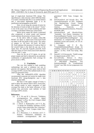 Ms. Nainaa. Udgedr et al Int. Journal of Engineering Research and Applications www.ijera.com
ISSN : 2248-9622, Vol. 4, Issue 4( Version 6), April 2014, pp.15-18
www.ijera.com 18 | P a g e
type of single-clock functional RTL design. The
algorithmuses a data structure called ADD that helps
it to tackle controland data flow in an unified fashion
and a nine-valued algebrathat helps it to do
justification and propagation at the RTL.
Here, we are using the concept of textio for
the detection of stuck-at fault in the circuit.” Textio”
is one of the easier way of fault modelling and fault
coverage is calculated without any consicounses.
Below given output file which is generated
after comparison of actual results and expected
results indicates the presence of stuck-at fault.
In the above table of output, A,B,C,D&
RESET are taken as inputs.Test1,Test2,Test3,Test4
are taken as the test points of the circuit. The values
of outputs i.e. SF_Test1, SF_Test2, SF_Test3,
SF_Test4 indicates the presences of stuck-at fault in
the circuit.If there is the fault for any one of the
inputs then, SF_Test1,SF_Test2,SF_Test3,SF_Test4
takes the values of Test1,Test2,Test3,Test4 otherwise
it has the null ’z’ value.
Since for the set of 15 inputs, we get the
proper outputs and fault is detected for any particular
combination of inputs,therefore fault coverage for
given circuit is 100%.
V. Conclusion
The very first method to fault modelling
methodology has used a validation test sets to
generate test sequence that have goos stuck-at fault
coverage for RTL circuits.This method results in very
small test generation times.
After this method,RTL-ATPG algorithm
was presented to generate test vectors for single clock
functional RTL design.thealgoritm uses a data
structure called ADD.
But here in this paper concept of textio is
used to detect the stuck-at fault in RTL circuit.Also,
this method results in easier estimation of fault
coverage.This leads to the better efficiency of this
method than previously used methods of fault
coverage in RTL circuits.
References
[1] R. C. Ho and M. A. Horowitz, “Validation
coverageanalysis for complex digital
designs,” in Proc. Int. Conf. Comput.-Aided
Des., Nov. 1996.
[2] I. Ghosh, A. Raghunathan, and N. K. Jha,
“A design for testability technique of RTL
circuits using control/data ﬂow extraction,”
in Proc. Int. Conf. Comput.-Aided Des.,
Nov. 1996.
[3] D. J. Moundanos, J. A. Abraham, and Y. V.
Hoskote, “Abstraction techniques for
validation coverageanalysis and test
generation,” IEEE Trans. Comput. Jan.
1998.
[4] IndradeepGhosh and Srivaths Ravi, “On
AutomaticGeneration of RTL Validation
Test BenchesUsing Circuit Testing
Techniques” Fujitsu Laboratories of
America, Sunnyvale, CA
94086,NECLaboratoriesAmerica, Princeton,
NJ 08540, 2001.
[5] IndradeepGhosh and MasahiroFujita,
“Automatic Test Pattern Generation for
FunctionalRegister-Transfer Level Circuits
UsingAssignmentDecisionDiagrams” ieee
transactions on computer-aided design of
integrated circuits and systems, vol. 20, no.
3, march 2001.
[6] L. Lingappan and N. K. Jha,
“Unsatisﬁabilitybasedefﬁcient design for
testability solution for register-transferlevel
circuits,” in Proc. VLSI Test Symp., May
2005.
[7] SumaM.S. ,K.S.Gurumurthy “FaultCoverage
for digital circuits at RTL”2011.
[8] SarveshPrabhu, Michael S. Hsiao,
LoganathanLingappan and VijayGangaram,
“A SMT-based Diagnostic Test
GenerationMethod for Combinational
Circuits” ieee 30th vlsi test symposium (vts)
2012.
r
e
s
e
t
A B C D O
_
t
e
s
t
1
O
_
t
e
s
t
2
O
_
t
e
s
t
3
O
_
t
e
s
t
4
t
e
s
t
1
t
e
s
t
2
t
e
s
t
3
t
e
s
t
4
S
F
_
t
e
s
t
1
S
F
_
t
e
s
t
2
S
F
_
t
e
s
t
3
S
F_
te
st
4
0 1 0 0 0 0 0 0 0 0 0 0 0 z z z z
0 0 0 0 1 1 1 0 0 1 1 0 0 z z z z
0 0 0 0 0 1 1 1 1 1 1 1 1 z z z z
0 0 0 0 1 1 1 0 0 1 1 0 0 z z z z
0 0 0 1 0 1 1 1 1 0 0 0 0 0 0 0 0
0 0 0 1 1 1 1 0 0 0 0 1 0 0 0 1 z
0 0 1 0 0 1 1 1 1 1 1 1 1 z z z z
0 0 1 0 1 1 1 0 0 1 1 0 0 z z z z
0 0 1 1 0 0 0 0 0 0 0 0 0 z z z z
0 0 1 1 1 0 0 1 0 0 0 1 0 z z z z
0 1 0 0 0 1 0 1 0 1 0 1 0 z z z z
0 1 0 0 1 1 0 0 0 1 0 0 0 z z z z
0 1 0 1 0 1 0 1 0 0 1 0 0 0 1 0 z
0 1 0 1 1 1 0 0 0 0 1 1 1 0 1 1 1
 