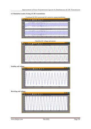 Improvement in Power Transmission Capacity by Simultaneous AC-DC Transmission
www.theijes.com The IJES Page 30
6.3 Simulation results of using AC-DC transmission:
Combined AC DC current and AC current in zigzag transformer:
Rectifier AC voltage and current:
Sending end voltage:
Receiving end voltage:
 