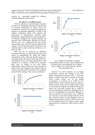 Anupam Verma Int. Journal of Engineering Research and Applications www.ijera.com
ISSN : 2248-9622, Vol. 4, Issue 6( Version 4), June 2014, pp.12-18
www.ijera.com 15 | P a g e
function of wavelength lambda for different
materials employed in the structure.
IV. RESULT AND DISCUSSION
With the objective to model baseline tin-based
structures, no intermediate gap states having discrete
or Gaussian distribution of energy levels are
considered or assumed. The research corresponds to
constant cell operating temperature of 300K or the
ambient temperature along with studying the
performance of optoelectronic structures under
illumination, voltage biasing has been considered or
its influence evaluated. For a general baseline cell
structure with FTO/ZnO/SnS/ thickness as 100 nm,
100 nm and 3 μm respectively the short circuit
current density, Jsc of 26.236 mA/cm²; Open circuit
voltage, Voc of 0.759 Volts and 85% Fill Factor was
achieved which yielded conversion efficiency, η of
about 16.165%.
With the aim of achieving an optimized
conversion efficiency, we experiment and observe the
results by manipulating the width and doping
concentration of the oxide and absorber layers in a
sequential manner. We start by observing if FTO has
any influence on the cell output characteristics with
variations in its doping or width and as expected
there were no change in the cell's output
characteristics. Same was the case with variations in
width of the ZnO. Therefore the standard width of
100 nm each for both FTO and ZnO were considered
along with their doping or free carrier concentration.
Fig. 2. Impact of Variations in Doping
Concentration of ZnO on Cell's output characteristics:
(a) Short Circuit current Density, Jsc (b) Open
circuit voltage, Voc (c) Fill Factor, FF and (d)
conversion efficiency, η
However for ZnO variations in its doping
concentration resulted into changes in the cell's
output characteristics as shown in Fig. 2. From this
figure we observe that there is increase in the short
circuit current density Jsc, as the doping
concentration is increased up to 7.00E+18 cmˉ³
beyond which it starts to saturate and has no effect on
further increase. Open circuit voltage remains same
on increasing the doping concentration but the fill
factor rises with little increase (up to 4.00E+18
cmˉ³)in concentration and remains unchanged for the
rest of it. Consequently, the conversion efficiency, η
rises non linearly for the increase up to 7.00E+18
cmˉ³ and has a very minute change after that. With
these observed results we take optimized value of
doping concentration for ZnO as 7.00E+18 cmˉ³ and
use it to further observe the impact on cell's output
characteristics for variation in width of SnS as shown
in Fig. 3.
26.810
26.820
26.830
26.840
26.850
26.860
26.870
0 2 4 6 8
Jsc(mA/cm²)
Doping concentration 10^(18)(cmˉ³)
(a)
0.000
0.100
0.200
0.300
0.400
0.500
0.600
0.700
0.800
0 2 4 6 8
Voc(V)
Doping concentration 10^(18)(cmˉ³)
(b)
0.821
0.821
0.822
0.822
0.823
0.823
0.824
0.824
0.825
0 2 4 6 8
FF
(%)
Doping concentration 10^(18)(cmˉ³)
(c)
14.920
14.940
14.960
14.980
15.000
15.020
0 2 4 6 8
η(%)
Doping concentration 10^(18)(cmˉ³)
(d)
 