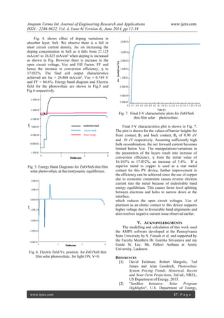 Anupam Verma Int. Journal of Engineering Research and Applications www.ijera.com
ISSN : 2248-9622, Vol. 4, Issue 6( Version 4), June 2014, pp.12-18
www.ijera.com 17 | P a g e
Fig. 4. shows effect of doping variations in
absorber layer, SnS. We observe there is a fall in
short circuit current density, Jsc on increasing the
doping concentration in SnS as it falls from 27.125
mA/cm² to 26.825 mA/cm² when doping is increased
as shown in Fig. However there is increase in the
open circuit voltage, Voc and Fill Factor, FF and
hence the increase in conversion efficiency, η to
17.032%. The final cell output characteristics
achieved are Jsc = 26.868 mA/cm², Voc = 0.749 V
and FF = 84.6%. Energy band diagram and Electric
field for the photovoltaic are shown in Fig.5 and
Fig.6 respectively.
Fig. 5. Energy Band Diagrams for ZnO/SnS thin film
solar photovoltaic at thermodynamic equilibrium.
Fig. 6. Electric field Vs. position for ZnO/SnS thin
film solar photovoltaic. for light ON, V=0.
Fig. 7. Final J-V characteristic plots for ZnO/SnS
thin film solar photovoltaic.
Final J-V characteristics plot is shown in Fig. 7.
The plot is shown for the values of barrier heights for
front contact, ∅ 𝑓 and back contact, ∅ 𝑏 of 0.90 eV
and .10 eV respectively. Assuming sufficiently high
bulk recombination, the net forward current becomes
limited below Voc. The manipulations/variations in
the parameters of the layers result into increase of
conversion efficiency, η from the initial value of
16.165% to 17.032%, an increase of 5.4%. If a
superior metal to copper is used as a rear metal
contact for this PV device, further improvement in
the efficiency can be achieved since the use of copper
due to economic constraints causes reverse electron
current into the metal because of undesirable band
energy equilibrium. This causes fermi level splitting
between electrons and holes to narrow down at the
interface,
which reduces the open circuit voltages. Use of
platinum as an ohmic contact to this device supports
higher voltage due to favourable band alignments and
also resolves negative current issue observed earlier.
V. ACKNOWLEDGMENTS
The modelling and calculation of this work used
the AMPS software developed at the Pennsylvania
State University by S. Fonash et al. and supported by
the Faculty Members Dr. Geetika Srivastava and my
Guide Sr. Lec. Ms. Pallavi Asthana at Amity
University, Lucknow.
REFERENCES
[1] David Feldman, Robert Margolis, Ted
James and Alan Goodrich, Photovoltaic
System Pricing Trends: Historical, Recent
and Near-Term Projections, 3rd ed., NREL,
US Department of Energy, 2013.
[2] "SunShot Initiative: Solar Program
Highlights", U.S. Department of Energy,
 