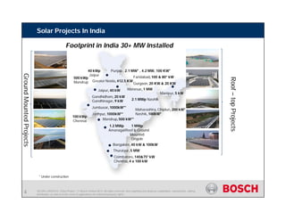 SE/SIN | 4/03/2015 | Solar Project | © Bosch Limited 2013. All rights reserved, also regarding any disposal, exploitation, reproduction, editing,
distribution, as well as in the event of applications for industrial property rights.
Solar Projects In India
GroundMountedProjects
Jaipur, 40 kW
Bangalore, 40 kW & 100kW
Coimbatore, 140&75* kW
Chennai, 4 x 100 kW
Punjab , 2.1 MW* , 4.2 MW, 100 KW*
Gandhidham, 20 kW
Gandhinagar, 9 kW
Jumbusar, 1000kW**
Jodhpur, 1000kW**
Roof–topProjects
40 kWp
Jaipur
500 kWp
Mandrup
Mandrup, 500 kW**
2.1 MWp Nashik
100 kWp
Chennai
* Under construction
1.2 MWp
Amanagal
Faridabad, 100 & 80* kW
Gurgaon, 20 KW & 20 KW
Thuraiyur, 5 MW
Manipur, 5 kW
1 MWp
Roof & Ground
Mounted
Ongole
Footprint in India 30+ MW Installed
Maharashtra, Chiplun, 200 kW* ,
Nashik, 100kW*
Greater Noida, 412.5 KW
Manesar, 1 MW
4
 