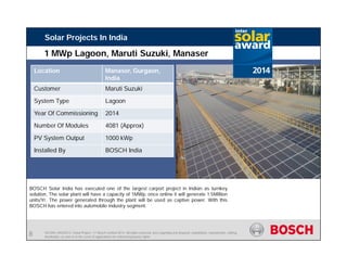SE/SIN | 4/03/2015 | Solar Project | © Bosch Limited 2013. All rights reserved, also regarding any disposal, exploitation, reproduction, editing,
distribution, as well as in the event of applications for industrial property rights.
Solar Projects In India
Location Manaser, Gurgaon,
India
Customer Maruti Suzuki
System Type Lagoon
Year Of Commissioning 2014
Number Of Modules 4081 (Approx)
PV System Output 1000 kWp
Installed By BOSCH India
BOSCH Solar India has executed one of the largest carport project in Indian as turnkey
solution, The solar plant will have a capacity of 1MWp. once online it will generate 1.5Million
units/Yr. The power generated through the plant will be used as captive power. With this
BOSCH has entered into automobile industry segment.
1 MWp Lagoon, Maruti Suzuki, Manaser
8
 