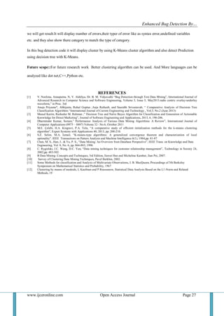 Enhanced Bug Detection By…
www.ijceronline.com Open Access Journal Page 27
we will get result.It will display number of errors,their typer of error like as syntax error,undefined variables
etc. and they also show there category to match the type of category.
In this bug detection code it will display cluster by using K-Means cluster algorithm and also detect Prediction
using decision tree with K-Means.
Future scope::For future research work Better clustering algorithm can be used. And More languages can be
analyzed like dot net,C++,Python etc.
REFERENCES
[1] V. Neelima, Annapurna. N, V. Alekhya, Dr. B. M. Vidyavathi “Bug Detection through Text Data Mining”, International Journal of
Advanced Research in Computer Science and Software Engineering, Volume 3, Issue 5, May2013.radio centric overlay-underlay
waveform,” in Proc. 3rd
[2] Anuja Priyama*, Abhijeeta, Rahul Guptaa ,Anju Ratheeb, and Saurabh Srivastavab, “ Comparative Analysis of Decision Tree
Classification Algorithms “International Journal of Current Engineering and Technology , Vol.3, No.2 (June 2013)
[3] Masud Karim, Rashedur M. Rahman ,” Decision Tree and Naïve Bayes Algorithm for Classification and Generation of Actionable
Knowledge for Direct Marketing”, Journal of Software Engineering and Applications, 2013, 6, 196-206.
[4] Dharminder Kumar, Suman,” Performance Analysis of Various Data Mining Algorithms: A Review”, International Journal of
Computer Applications (0975 – 8887) Volume 32– No.6, October 2011
[5] M.E. Çelebi, H.A. Kingravi, P.A. Vela, “A comparative study of efficient initialization methods for the k-means clustering
algorithm”, Expert Systems with Applications 40, 2013, pp. 200-210.
[6] S.Z. Selim, M.A. Ismail, “K-means-type algorithms: A generalized convergence theorem and characterization of local
optimality”. IEEE Transactions on Pattern Analysis and Machine Intelligence 6(1), 1984,pp. 81-87
[7] Chen, M. S., Han, J., & Yu, P. S., “Data Mining: An Overview from Database Perspective”, IEEE Trans. on Knowledge and Data
Engineering, Vol. 8, No. 6, pp. 866-883, 1996
[8] C. Rygielski, J.C. Wang, D.C. Yen, “Data mining techniques for customer relationship management”, Technology in Society 24,
2002,pp. 483-502.
[9] B Data Mining: Concepts and Techniques, 3rd Edition, Jiawei Han and Micheline Kamber, Jian Pei, 2007.
[10] Survey of Clustering Data Mining Techniques, Pavel Berkhin, 2002.
[11] Some Methods for classification and Analysis of Multivariate Observations, J. B. MacQueen, Proceedings of 5th Berkeley
Symposium on Mathematical Statistics and Probability, 1967
[12] Clustering by means of medoids, L Kaufman and P Rousseeuw, Statistical Data Analysis Based on the L1-Norm and Related
Methods, 19
 