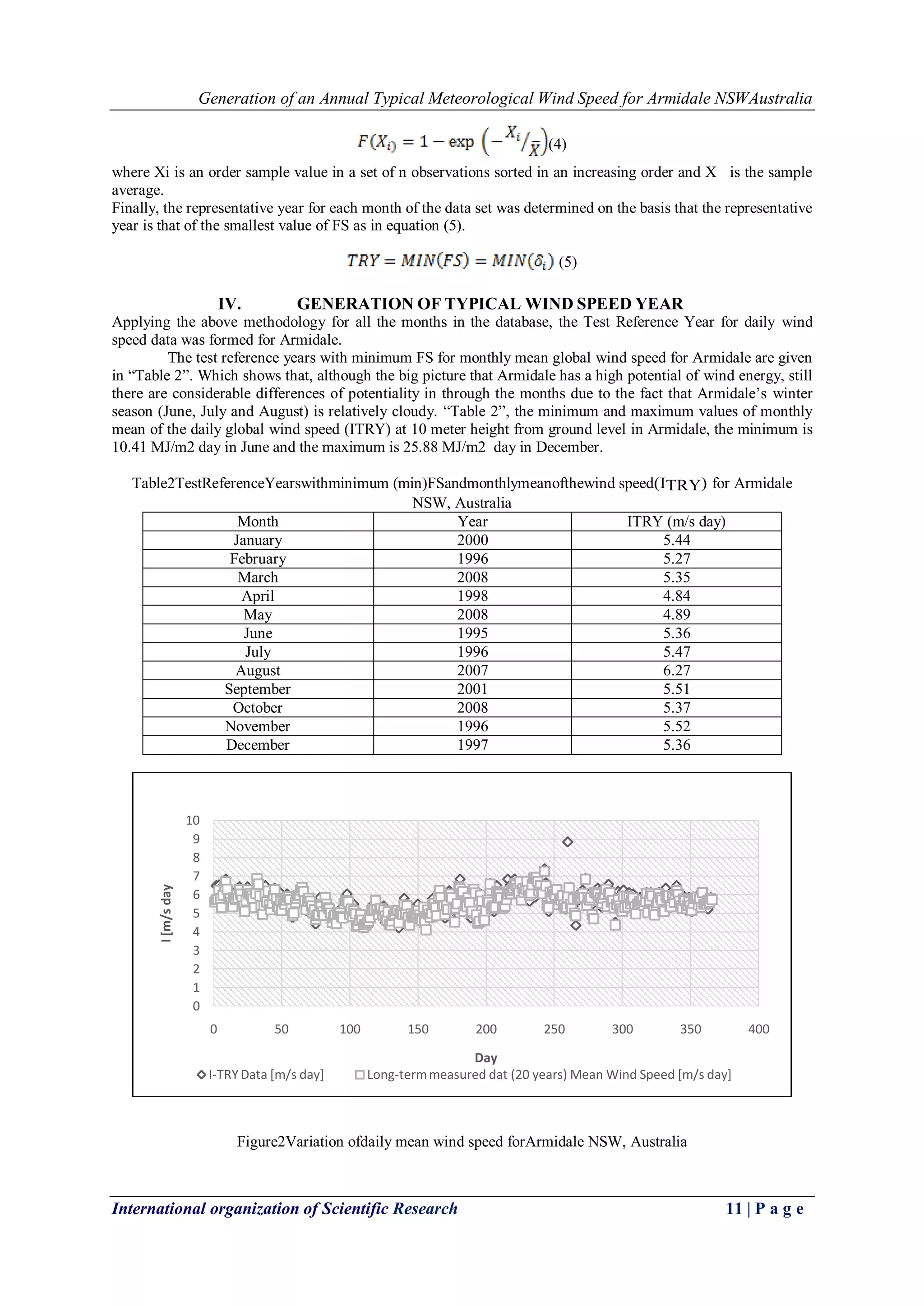 Generation of an Annual Typical Meteorological Wind Speed for Armidale NSWAustralia
International organization of Scientific Research 11 | P a g e
(4)
where Xi is an order sample value in a set of n observations sorted in an increasing order and X is the sample
average.
Finally, the representative year for each month of the data set was determined on the basis that the representative
year is that of the smallest value of FS as in equation (5).
(5)
IV. GENERATION OF TYPICAL WIND SPEED YEAR
Applying the above methodology for all the months in the database, the Test Reference Year for daily wind
speed data was formed for Armidale.
The test reference years with minimum FS for monthly mean global wind speed for Armidale are given
in ―Table 2‖. Which shows that, although the big picture that Armidale has a high potential of wind energy, still
there are considerable differences of potentiality in through the months due to the fact that Armidale’s winter
season (June, July and August) is relatively cloudy. ―Table 2‖, the minimum and maximum values of monthly
mean of the daily global wind speed (ITRY) at 10 meter height from ground level in Armidale, the minimum is
10.41 MJ/m2 day in June and the maximum is 25.88 MJ/m2 day in December.
Table2TestReferenceYearswithminimum (min)FSandmonthlymeanofthewind speed(ITRY) for Armidale
NSW, Australia
Month Year ITRY (m/s day)
January 2000 5.44
February 1996 5.27
March 2008 5.35
April 1998 4.84
May 2008 4.89
June 1995 5.36
July 1996 5.47
August 2007 6.27
September 2001 5.51
October 2008 5.37
November 1996 5.52
December 1997 5.36
Figure2Variation ofdaily mean wind speed forArmidale NSW, Australia
0
1
2
3
4
5
6
7
8
9
10
0 50 100 150 200 250 300 350 400
I[m/sday
Day
I-TRYData [m/s day] Long-termmeasured dat (20 years) Mean Wind Speed [m/s day]
 