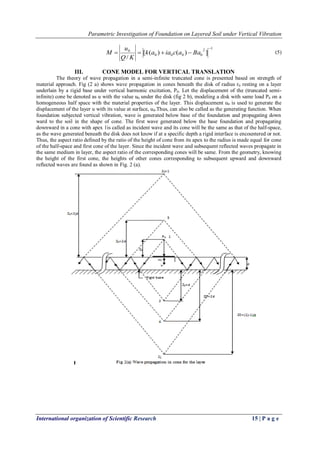 Parametric Investigation of Foundation on Layered Soil under Vertical Vibration
International organization of Scientific Research 15 | P a g e
12
0000
0
])()([
/

 Baaciaak
KQ
u
M (5)
III. CONE MODEL FOR VERTICAL TRANSLATION
The theory of wave propagation in a semi-infinite truncated cone is presented based on strength of
material approach. Fig (2 a) shows wave propagation in cones beneath the disk of radius r0 resting on a layer
underlain by a rigid base under vertical harmonic excitation, P0. Let the displacement of the (truncated semi-
infinite) cone be denoted as u with the value u0 under the disk (fig 2 b), modeling a disk with same load P0 on a
homogeneous half space with the material properties of the layer. This displacement u0 is used to generate the
displacement of the layer u with its value at surface, u0.Thus, can also be called as the generating function. When
foundation subjected vertical vibration, wave is generated below base of the foundation and propagating down
ward to the soil in the shape of cone. The first wave generated below the base foundation and propagating
downward in a cone with apex 1is called as incident wave and its cone will be the same as that of the half-space,
as the wave generated beneath the disk does not know if at a specific depth a rigid interface is encountered or not.
Thus, the aspect ratio defined by the ratio of the height of cone from its apex to the radius is made equal for cone
of the half-space and first cone of the layer. Since the incident wave and subsequent reflected waves propagate in
the same medium in layer, the aspect ratio of the corresponding cones will be same. From the geometry, knowing
the height of the first cone, the heights of other cones corresponding to subsequent upward and downward
reflected waves are found as shown in Fig. 2 (a).
 