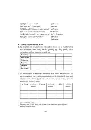 107
3) Quo79
servus abiit? γ) Ephesi.
4) Qua iter80
Licinus fecit? δ) Roma.
5) Quamdiu81
Athenis servus se tenebat? ε) Epheso.
6) Ubi servus comprehensus est? στ) Athenis.
7) Unde Ciceronis frater rediturus erat? ζ) Per Graeciam.
8) Quo servus redire debebat? η) In Asia.
θ) Romam.
ΙΙΙ. Ασκήσεις συμπλήρωσης κενών
1. Να τοποθετήσετε τoυς παρακάτω τύπους στον πίνακα και να συμπληρώσετε
τον αντίστοιχο τύπο στους άλλους χρόνους της ίδιας φωνής: abiit,
cognovisset, rediens, investiga, est adfectus.
Ενεστώτας
Παρατατικός
Μέλλοντας
Παρακείμ.
Υπερσυντ.
Συντελ. μέλ.
2. Να τοποθετήσετε τα παρακάτω ουσιαστικά στον πίνακα που ακολουθεί και
να τα μεταφέρετε στην αντίστοιχη πτώση του αντίθετου αριθμού, όπου αυτό
είναι δυνατόν: litteris, fugitivum, preti, menses, servus, scelus, custodia,
recuperatio, dolore, Athenis.
Α΄ κλίση Αντίθετος
αριθμός
Β΄ κλίση Αντίθετος
αριθμός
Γ΄ κλίση Αντίθετος
αριθμός
79
quο = πού, σε ποιο μέρος;
80
iter, itineris (ουδ.) = οδός, πορεία (qua iter facis? = δια μέσου ποίου δρόμου έρχεσαι;)
81
quamdiu = επί πόσο χρόνο;
 