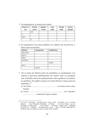 108
3. Nα συμπληρώσετε τις πτώσεις που λείπουν:
Ονομ. ενι-
κού
δοτική
ενικού
αφαιρετ.
ενικού
ονομ.
πληθ.
δοτική
πληθ.
αιτιατι-
κήπληθ.
tibi
is
nihil
ei
4. Να συμπληρώσετε τους άλλους βαθμούς των επιθέτων που σας δίνονται, ε-
φόσον αυτό είναι δυνατόν:
Θετικός Συγκριτικός Υπερθετικός
Epicureum
paucos
libero
Sardianus
summa
parvi
gratius
5. Με τις λέξεις που δίδονται μέσα στις παρενθέσεις να συμπληρώσετε τους
τοπικούς ή χρονικούς προσδιορισμούς που λείπουν αφού τις μεταφέρετε
στην κατάλληλη πτώση και χρησιμοποιήσετε όπου χρειάζεται τις κατάλλη-
λες προθέσεις. Να τηρηθεί η σειρά με την οποία δίδονται οι λέξεις μέσα στις
παρενθέσεις. 82
α) Rex Darius ........................... .............................. exercitum transiit. (Asia,
Europa)
β) Conon ......................... ......................... ........................... vixit, Timotheus
.............................. (multi anni, Cyprus, Lesbus)
82
α) ex Asia - in Europam β) multos annos - Cypri - Lesbi γ) autumno - vere - in nostras
regiones δ) per Hispaniam Galliamque - in Italiam ε) in Istro flumine - qua via
στ) duobus et viginti annis ζ) tres menses η) Romae - singulis annis - Carthagine
θ) Aurelia via ι) Delphis ια) multos annos - domi ιβ) rus - tres dies. [Προσοχή: ruri
(στάση σε τόπο), rus (κίνηση σε τόπο), rure (από τόπου κίνηση)].
 