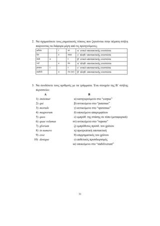 31
2. Να σχηματίσετε τους ρηματικούς τύπους που ζητούνται στην πέμπτη στήλη
παίρνοντας τα διάφορα μέρη από τις προηγούμενες.
arbitr i nt α΄ ενικό υποτακτικής ενεστώτα
fer e mus γ΄ πληθ. υποτακτικής ενεστώτα
imit a t β΄ ενικό υποτακτικής ενεστώτα
vel e tis α΄ πληθ. υποτακτικής ενεστώτα
praes i r γ΄ ενικό υποτακτικής ενεστώτα
stabili a ris (re) β΄ πληθ. υποτακτικής ενεστώτα
3. Nα συνδέσετε τους αριθμούς με τα γράμματα. Ένα στοιχείο της Β΄ στήλης
περισσεύει:
Α Β
1) imitemur α) κατηγορούμενο στο “corpus”
2) qui β) αντικείμενο στο “putemus”
3) mortale γ) αντικείμενο στο “speremus”
4) magnorum δ) υποκείμενο απαρεμφάτου
5) quos ε) εμπρόθ. της στάσης σε τόπο (μεταφορικά)
6) quae volumus στ) αντικείμενο στο “repono”
7) gloriam ζ) εμπρόθετος προσδ. του χρόνου
8) in numero η) προτρεπτική υποτακτική
9) esse θ) επιρρηματικός του χρόνου
10) denique ι) επιθετικός προσδιορισμός
ια) υποκείμενο στο “stabiliverunt”
 