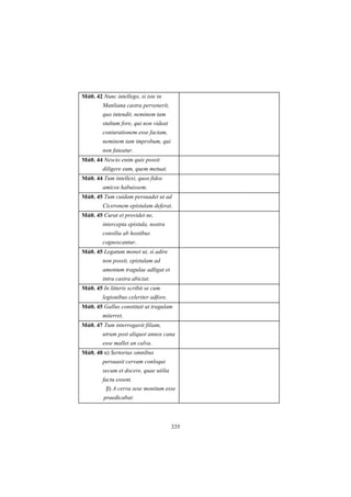 335
Μάθ. 42 Nunc intellego, si iste in
Manliana castra pervenerit,
quo intendit, neminem tam
stultum fore, qui non videat
coniurationem esse factam,
neminem tam improbum, qui
non fateatur.
Μάθ. 44 Nescio enim quis possit
diligere eum, quem metuat.
Μάθ. 44 Tum intellexi, quos fidos
amicos habuissem.
Μάθ. 45 Tum cuidam persuadet ut ad
Ciceronem epistulam deferat.
Μάθ. 45 Curat et providet ne,
intercepta epistula, nostra
consilia ab hostibus
cognoscantur.
Μάθ. 45 Legatum monet ut, si adire
non possit, epistulam ad
amentum tragulae adligat et
intra castra abiciat.
Μάθ. 45 In litteris scribit se cum
legionibus celeriter adfore.
Μάθ. 45 Gallus constituit ut tragulam
miterret.
Μάθ. 47 Tum interrogavit filiam,
utrum post aliquot annos cana
esse mallet an calva.
Μάθ. 48 α) Sertorius omnibus
persuasit cervam conloqui
secum et docere, quae utilia
factu essent.
β) Α cerva sese monitum esse
praedicabat.
 