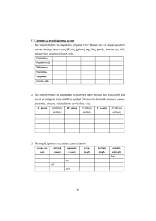 81
ΙΙΙ. Ασκήσεις συμπλήρωσης κενών
1. Να τοποθετήσετε τα παρακάτω ρήματα στον πίνακα και να συμπληρώσετε
τον αντίστοιχο τύπο στους άλλους χρόνους της ίδιας φωνής: mortua est, vidi,
inhaerebat, complectebatur, tulit.
Ενεστώτας
Παρατατικός
Μέλλοντας
Παρακείμ.
Υπερσυντ.
Συντελ. μέλ.
2. Να τοποθετήσετε τα παρακάτω ουσιαστικά στον πίνακα που ακολουθεί και
να τα μεταφέρετε στον αντίθετο αριθμό (όπου είναι δυνατό): nutrices, annos,
patientia, amicos, valetudinem, cervicibus, vita.
Α΄ κλίση Αντίθετος
αριθμός
Β΄ κλίση Αντίθετος
αριθμός
Γ΄ κλίση Αντίθετος
αριθμός
3. Nα συμπληρώσετε τις πτώσεις που λείπουν:
ονομ. ενι-
κού
δοτική
ενικού
αφαιρετ.
ενικού
ονομ.
πληθ.
δοτική
πληθ.
αιτιατι-
κήπληθ.
haec
ea
illi
qua
 