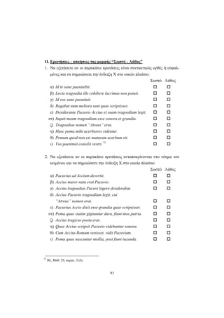 93
ΙΙ. Ερωτήσεις - ασκήσεις της μορφής “Σωστό - Λάθος”
1. Nα εξετάσετε αν οι παρακάτω προτάσεις είναι συντακτικώς ορθές ή εσφαλ-
μένες και να σημειώσετε την ένδειξη X στο οικείο πλαίσιο:
Σωστό Λάθος
α) Id te sane paenitebit.
β) Lecta tragoedia ille cohibere lacrimas non potuit.
γ) Id vos sane paenituit.
δ) Rogabat num meliora sunt quae scripsisset.
ε) Desiderante Pacuvio Accius ei suam tragoediam legit.
στ) Inquit meam tragoediam esse sonora et grandia.
ζ) Tragoediae nomen “Atreus” erat.
η) Haec poma mihi acerbiores videntur.
θ) Pomum quod non est maturum acerbum sit.
ι) Vos paenituit consilii vestri. 73
2. Nα εξετάσετε αν οι παρακάτω προτάσεις ανταποκρίνονται στο νόημα του
κειμένου και να σημειώσετε την ένδειξη X στο οικείο πλαίσιο:
Σωστό Λάθος
α) Pacuvius ad Accium devertit.
β) Accius maior natu erat Pacuvio.
γ) Accius tragoedias Pacuvi legere desiderabat.
δ) Accius Pacuvio tragoediam legit, cui
“Atreus” nomen erat.
ε) Pacuvius Accio dixit esse grandia quae scripsisset.
στ) Poma quae statim gignuntur dura, fiunt mox putria.
ζ) Accius tragicus poeta erat.
η) Quae Accius scripsit Pacuvio videbantur sonora.
θ) Cum Accius Romam venisset, vidit Pacuvium.
ι) Poma quae nascuntur mollia, post fiunt iucunda.
73
Bλ. Μάθ. 29, παρατ. 3 (δ).
 