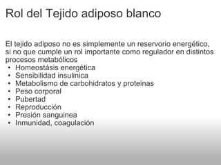 Rol del Tejido adiposo blanco El tejido adiposo no es simplemente un reservorio energético, si no que cumple un rol importante como regulador en distintos procesos metabólicos Homeostásis energética Sensibilidad insulinica Metabolismo de carbohidratos y proteinas Peso corporal Pubertad Reproducción Presión sanguinea Inmunidad, coagulación 