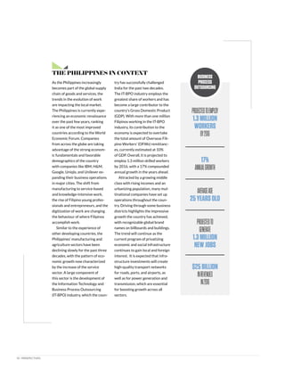 10 | PERSPECTIVES
projectedtoemploy
1.3million
workers
by2016
17%
annualgrowth
Averageage
25yearsold
Projectedto
generate
1.3million
newjobs
$25billion
inrevenues
in2016
business
process
outsourcing
As the Philippines increasingly
becomes part of the global supply
chain of goods and services, the
trends in the evolution of work
are impacting the local market.
The Philippines is currently expe-
riencing an economic renaissance
over the past few years, ranking
it as one of the most improved
countries according to the World
Economic Forum. Companies
from across the globe are taking
advantage of the strong econom-
ic fundamentals and favorable
demographics of the country
with companies like IBM, H&M,
Google, Uniqlo, and Unilever ex-
panding their business operations
in major cities. The shift from
manufacturing to service-based
and knowledge-intensive work,
the rise of Filipino young profes-
sionals and entrepreneurs, and the
digitization of work are changing
the behaviour of where Filipinos
accomplish work.
Similar to the experience of
other developing countries, the
Philippines’ manufacturing and
agriculture sectors have been
declining slowly for the past three
decades, with the pattern of eco-
nomic growth now characterized
by the increase of the service
sector. A large component of
this sector is the development of
the Information Technology and
Business Process Outsourcing
(IT-BPO) industry, which the coun-
try has successfully challenged
India for the past two decades.
The IT-BPO industry employs the
greatest share of workers and has
become a large contributor to the
country’s Gross Domestic Product
(GDP). With more than one million
Filipinos working in the IT-BPO
industry, its contribution to the
economy is expected to overtake
the total amount of Overseas Fili-
pino Workers’ (OFWs) remittanc-
es, currently estimated at 10%
of GDP. Overall, it is projected to
employ 1.3 million skilled workers
by 2016, with a 17% compounded
annual growth in the years ahead.
Attracted by a growing middle
class with rising incomes and an
urbanizing population, many mul-
tinational companies have set up
operations throughout the coun-
try. Driving through some business
districts highlights the impressive
growth the country has achieved,
with recognizable global brand
names on billboards and buildings.
The trend will continue as the
current program of privatizing
economic and social infrastructure
continues to gain local and foreign
interest. It is expected that infra-
structure investments will create
high-quality transport networks
for roads, ports, and airports, as
well as for power generation and
transmission, which are essential
for boosting growth across all
sectors.
THE PHILIPPINES IN CONTEXT
 