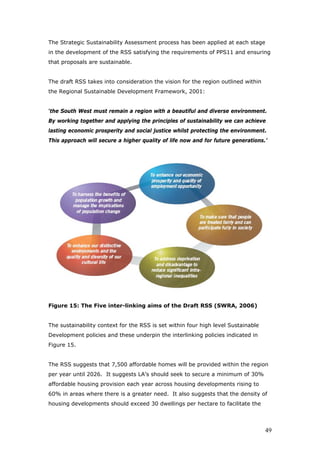 The Strategic Sustainability Assessment process has been applied at each stage
in the development of the RSS satisfying the requirements of PPS11 and ensuring
that proposals are sustainable.
The draft RSS takes into consideration the vision for the region outlined within
the Regional Sustainable Development Framework, 2001:
‘the South West must remain a region with a beautiful and diverse environment.
By working together and applying the principles of sustainability we can achieve
lasting economic prosperity and social justice whilst protecting the environment.
This approach will secure a higher quality of life now and for future generations.’
Figure 15: The Five inter-linking aims of the Draft RSS (SWRA, 2006)
The sustainability context for the RSS is set within four high level Sustainable
Development policies and these underpin the interlinking policies indicated in
Figure 15.
The RSS suggests that 7,500 affordable homes will be provided within the region
per year until 2026. It suggests LA’s should seek to secure a minimum of 30%
affordable housing provision each year across housing developments rising to
60% in areas where there is a greater need. It also suggests that the density of
housing developments should exceed 30 dwellings per hectare to facilitate the
49
 