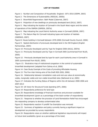 iv
LIST OF FIGURES
Figure 1: Number and Composition of Households: England: 1971-2016 (ODPM, 2003)
Figure 2: The Dimensions of Sustainability (RESCUE, 2005b)
Figure 3: Brownfield Regeneration: Bath Model (Cabernet, 2007)
Figure 4: Proportion of new dwellings on previously developed land (DCLG, 2007)
Figure 5: Map indicating the location of Cornwall in the South West region and the extent
of operations of the SWRDA (SWRDA, 2007a)
Figure 6: Map indicating the Local District Authority areas in Cornwall (GOSW, 2007)
Figure 7: The Nature Map for Cornwall indicating types and location of habitats
(SWENVO, 2007)
Figure 8: House building in Cornwall between 1976-2006 (Cornwall County Council, 2006)
Figure 9: Spatial distribution of previously developed land in the SW England (English
Partnerships, 2004)
Figure 10: Previously Developed Land by Type for England 2006 (DCLG, 2007d)
Figure 11: Previously Developed Land by Type in Cornwall 2005 (summarised from NLUD,
2005)
Figure 12: Previously developed land by type for each Local Authority area in Cornwall in
2005 (summarised from NLUD, 2005)
Figure 13: Illustrative map of institutional congestion in the control of sustainable
brownfield development (adapted from Catney et al, 2006)
Figure 14: Case Study Example of the Costs of providing Affordable Housing
Figure 15: The Five inter-linking aims of the Draft RSS (RSS, 2006)
Figure 16: Relationship between remediation costs and end-use value at economically
viable, marginally viable and non-viable brownfield sites (Nathanail et al, 2005)
Figure 17: Indicates the Funding Status of Regions within the UK between 2000-2006 and
2007-2013
Figure 18: UK Vision for Structural Funds Spending (DTI, 2006)
Figure 19: Respondents preference for land type
Figure 20: Respondents knowledge of financial incentives and provision available for
brownfield development (given as a percentage of the total number of respondents)
Figure 21: Response to whether the provision of Land Remediation Relief has encouraged
the responding company to develop contaminated sites
Figure 22: Respondents reaction if Landfill Tax Exemption was removed
Figure 23: Summary of legislation and policy currently having a significant impact on
development as provided by survey respondents
Figure 24: Respondents views on whether additional legislative requirements will impact
on future land availability (given as a percentage of the total)
 