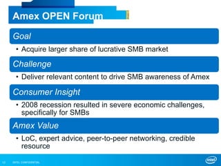 INTEL CONFIDENTIAL12
Amex OPEN Forum
Goal
• Acquire larger share of lucrative SMB market
Challenge
• Deliver relevant content to drive SMB awareness of Amex
Consumer Insight
• 2008 recession resulted in severe economic challenges,
specifically for SMBs
Amex Value
• LoC, expert advice, peer-to-peer networking, credible
resource
 
