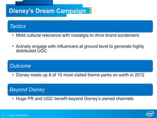 INTEL CONFIDENTIAL17
Disney’s Dream Campaign
Tactics
• Meld cultural relevance with nostalgia to drive brand excitement
• Actively engage with influencers at ground level to generate highly
distributed UGC
Outcome
• Disney made up 8 of 10 most visited theme parks on earth in 2012
Beyond Disney
• Huge PR and UGC benefit beyond Disney’s owned channels
 