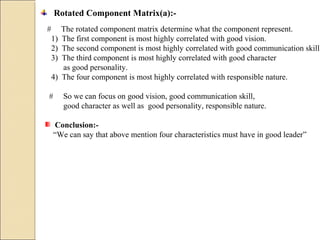 Rotated Component Matrix(a):-
# The rotated component matrix determine what the component represent.
1) The first component is most highly correlated with good vision.
2) The second component is most highly correlated with good communication skill
3) The third component is most highly correlated with good character
as good personality.
4) The four component is most highly correlated with responsible nature.
# So we can focus on good vision, good communication skill,
good character as well as good personality, responsible nature.
Conclusion:-
“We can say that above mention four characteristics must have in good leader”
 