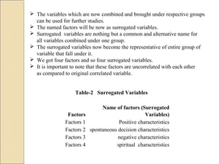  The variables which are now combined and brought under respective groups
can be used for further studies.
 The named factors will be now as surrogated variables.
 Surrogated variables are nothing but a common and alternative name for
all variables combined under one group.
 The surrogated variables now become the representative of entire group of
variable that fall under it.
 We got four factors and so four surrogated variables.
 It is important to note that these factors are uncorrelated with each other
as compared to original correlated variable.
  
Factors
Name of factors (Surrogated
Variables)
Factors 1 Positive characteristics
Factors 2 spontaneous decision characteristics
Factors 3 negative characteristics
Factors 4 spiritual characteristics
Table-2 Surrogated Variables
 