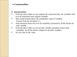Communalities
Interpretation:
 From the above table we can compare the extraction form std. variables with
over all extraction from original variables.
 Here initial column shows the standardize value of variables .
It means 0 & std. deviation is 1.
 And extraction shows the over all variability extracted by all the factors for
each variable.
 From the above table we can say that variable calculator extract more
variability by all the factors compare to all other variables.
 Its very near to std. value.
 