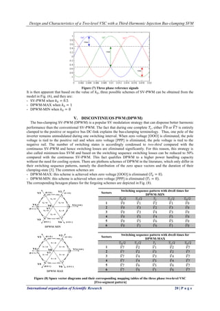 Design and Characteristics of a Two-level VSC with a Third-Harmonic Injection Bus-clamping SVM
International organization of Scientific Research 20 | P a g e
Figure (7) Three phase reference signals
It is then apparent that based on the value of 𝑘0, three possible schemes of SV-PWM can be obtained from the
model in Fig. (6), and they are:
- SV-PWM when 𝑘0 = 0.5
- DPWM-MAX when 𝑘0 = 1
- DPWM-MIN when 𝑘0 = 0
V. DISCONTINIUOS PWM (DPWM)
The bus-clamping SV-PWM (DPWM) is a popular SV modulation strategy that can dispense better harmonic
performance than the conventional SV-PWM. The fact that during one complete 𝑇𝑠, either 𝑉0 or 𝑉7 is entirely
clamped to the positive or negative bus DC-link explains the bus-clamping terminology. Thus, one pole of the
inverter remains unmodulated during one switching interval. When zero voltage [OOO] is eliminated, the pole
voltage is tied to the positive rail and when zero voltage [PPP] is eliminated, the pole voltage is tied to the
negative rail. The number of switching states is accordingly condensed to two-third compared with the
continuous SV-PWM and hence switching losses are eliminated significantly. For this reason, this strategy is
also called minimum-loss SVM and based on the switching sequence switching losses can be reduced to 50%
compared with the continuous SV-PWM. This fact qualifies DPWM to a higher power handling capacity
without the need for cooling system. There are plethora schemes of DPWM in the literature, which only differ in
their switching sequence patterns, namely the distribution of the zero space vectors and the duration of their
clamping-state [3]. The common schemes are
- DPWM-MAX: this scheme is achieved when zero voltage [OOO] is eliminated 𝑇0 = 0 .
- DPWM-MIN: this scheme is achieved when zero voltage [PPP] is eliminated 𝑇7 = 0 .
The corresponding hexagon planes for the forgoing schemes are depicted in Fig. (8).
Figure (8) Space vector diagrams and their corresponding mapping tables of the three phase two-level VSC
[Five-segment pattern]
Sectors
Switching sequence pattern with dwell times for
DPWM-MIN
𝑇0/2 𝑇1/2 𝑇2 𝑇1/2 𝑇0/2
1 𝑉0 𝑉1 𝑉2 𝑉1 𝑉0
2 𝑉0 𝑉3 𝑉2 𝑉3 𝑉0
3 𝑉0 𝑉3 𝑉4 𝑉3 𝑉0
4 𝑉0 𝑉5 𝑉4 𝑉5 𝑉0
5 𝑉0 𝑉5 𝑉6 𝑉5 𝑉0
6 𝑉0 𝑉1 𝑉6 𝑉1 𝑉0
Sectors
Switching sequence pattern with dwell times for
DPWM-MAX
𝑇0/2 𝑇1/2 𝑇2 𝑇1/2 𝑇0/2
1 𝑉7 𝑉2 𝑉1 𝑉2 𝑉7
2 𝑉7 𝑉2 𝑉3 𝑉2 𝑉7
3 𝑉7 𝑉4 𝑉3 𝑉4 𝑉7
4 𝑉7 𝑉4 𝑉5 𝑉4 𝑉7
5 𝑉7 𝑉6 𝑉5 𝑉6 𝑉7
6 𝑉7 𝑉6 𝑉1 𝑉6 𝑉7
 