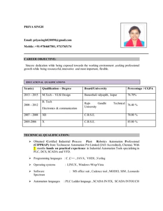 PRIYA SINGH
Email: priyasingh020890@gmail.com
Mobile: +91-9784687501, 9713765174
CAREER OBJECTIVE:
Sincere dedication while being exposed towards the working environment ,seeking professional
growth while being resourceful, innovative and most important, flexible.
TECHNICAL QUALIFICATION:
 Obtained Certified Industrial Process Plant Robotics Automation Professional
(CIPPRAP) from Technocrat Automation Pvt Limited (IAO Accredited), Chennai. With
2 months hands on practical experience in Industrial Automation Tools specializing in
PLC, DCS, SCADA and VFD.
 Programming languages : C ,C++ , JAVA, VHDL ,Verilog
 Operating systems : LINUX , Windows 98/xp/Vista
 Software : MS office suit , Cadence tool , MODEL SIM , Leonardo
Spectrum
 Automation languages : PLC Ladder language , SCADA IN FIX, SCADA INTOUCH
Year(s) Qualification – Degree Board/University Percentage / CGPA
2013 - 2015 M.Tech – VLSI Design Banasthali vidyapith, Jaipur 76.70%
2008 - 2012
B. Tech
Electronics & communication
Rajiv Gandhi Technical
University
76.40 %
2007 - 2008 XII C.B.S.E. 70.00 %
2005-2006 X C.B.S.E. 85.00 %
EDUCATIONAL QUALIFICATIONS
 