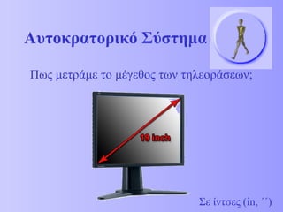 Αυτοκρατορικό Σύστημα Πως μετράμε το μέγεθος των τηλεοράσεων; Σε ίντσες ( in,  ΄΄) 