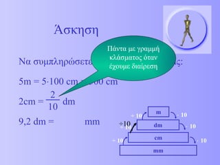 Να συμπληρώσετε τις παρακάτω σχέσεις: 5 m = 5  100 cm = 500 cm 2cm =  dm 9,2 dm =  mm Άσκηση ÷ 10 Πάντα με γραμμή κλάσματος όταν έχουμε διαίρεση mm cm dm m    10    10    10 ÷  10 ÷  10 ÷  10 2 10 