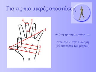 Για τις πιο μικρές αποστάσεις  Ακόμη χρησιμοποιούμε το: Νούμερο 2: την  Παλάμη (10 εκατοστά του μέτρου) 