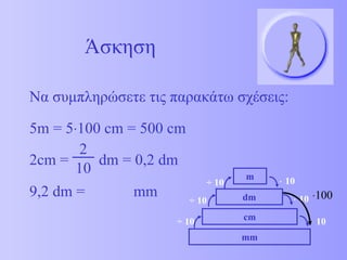 <ul><li>Να συμπληρώσετε τις παρακάτω σχέσεις: </li></ul><ul><li>5 m = 5  100 cm = 500 cm </li></ul><ul><li>2cm =  dm  = 0...