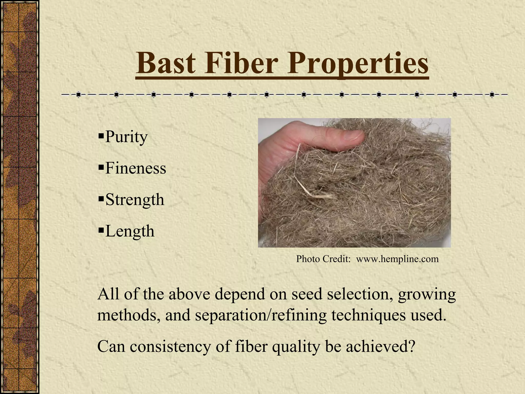 Bast Fiber Properties
Purity
Fineness
Strength
Length
All of the above depend on seed selection, growing
methods, and separation/refining techniques used.
Can consistency of fiber quality be achieved?
Photo Credit: www.hempline.com
 