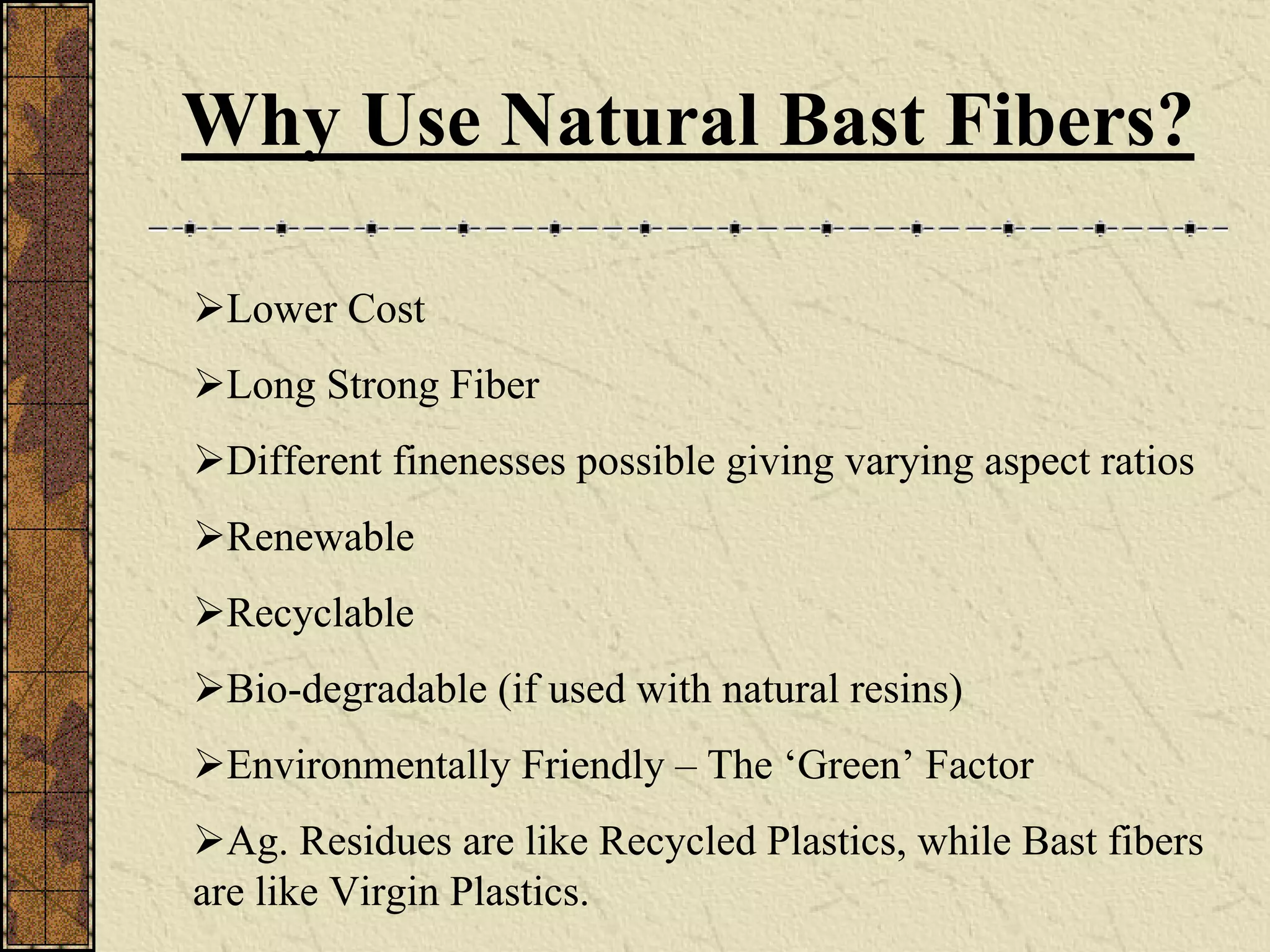 Why Use Natural Bast Fibers?
Lower Cost
Long Strong Fiber
Different finenesses possible giving varying aspect ratios
Renewable
Recyclable
Bio-degradable (if used with natural resins)
Environmentally Friendly – The ‘Green’ Factor
Ag. Residues are like Recycled Plastics, while Bast fibers
are like Virgin Plastics.
 