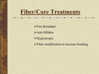 Fiber/Core Treatments
Fire Retardant
Anti-Mildew
Hygroscopic
Fiber modification to increase bonding
 