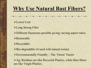 Why Use Natural Bast Fibers?
Lower Cost
Long Strong Fiber
Different finenesses possible giving varying aspect ratios
Renewable
Recyclable
Bio-degradable (if used with natural resins)
Environmentally Friendly – The ‘Green’ Factor
Ag. Residues are like Recycled Plastics, while Bast fibers
are like Virgin Plastics.
 