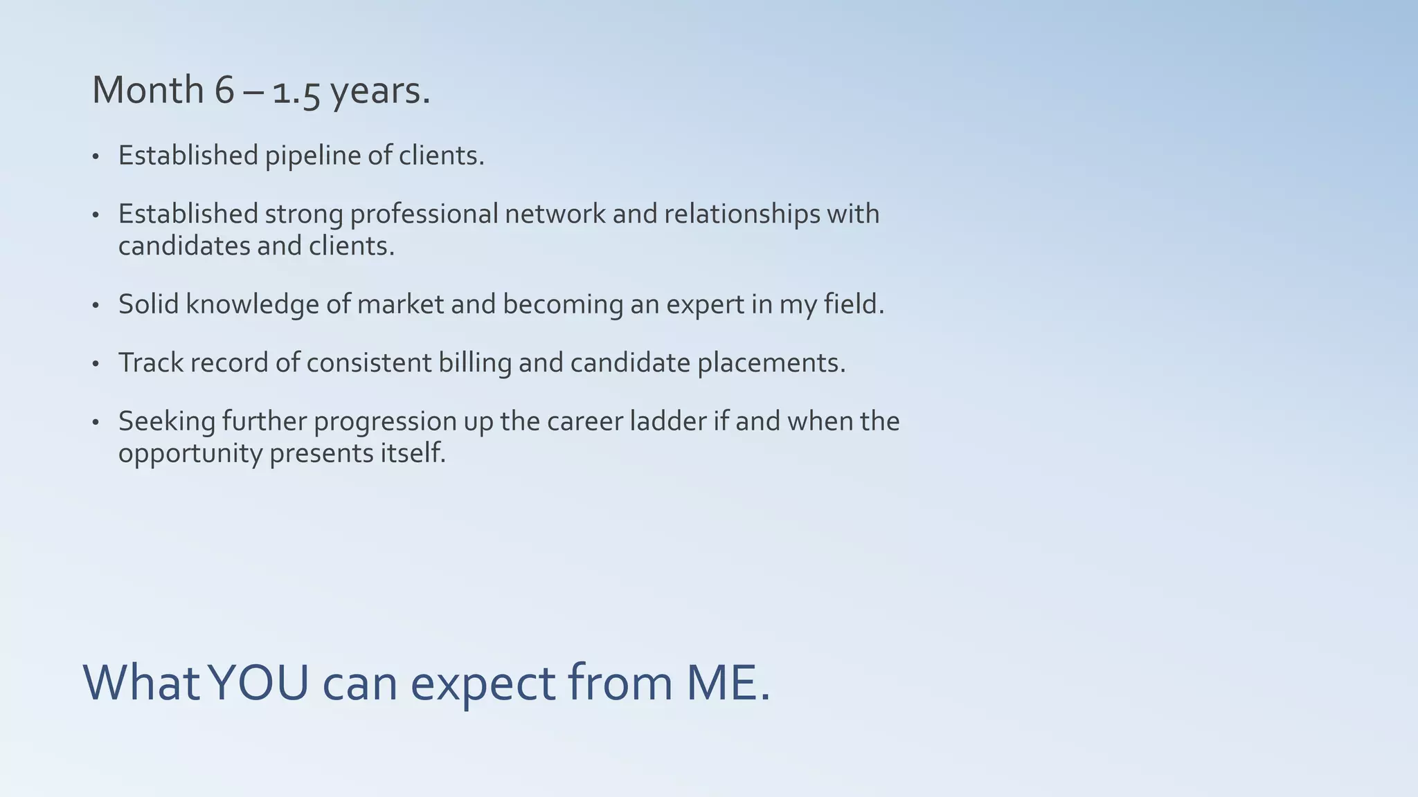 WhatYOU can expect from ME.
Month 6 – 1.5 years.
• Established pipeline of clients.
• Established strong professional network and relationships with
candidates and clients.
• Solid knowledge of market and becoming an expert in my field.
• Track record of consistent billing and candidate placements.
• Seeking further progression up the career ladder if and when the
opportunity presents itself.
 