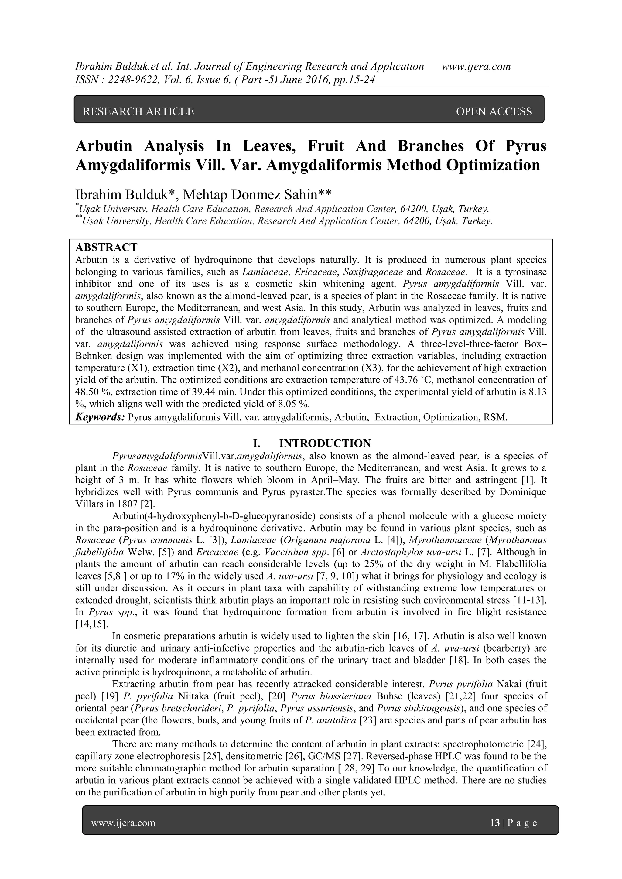 Arbutin Analysis In Leaves, Fruit And Branches Of Pyrus Amygdaliformis ...