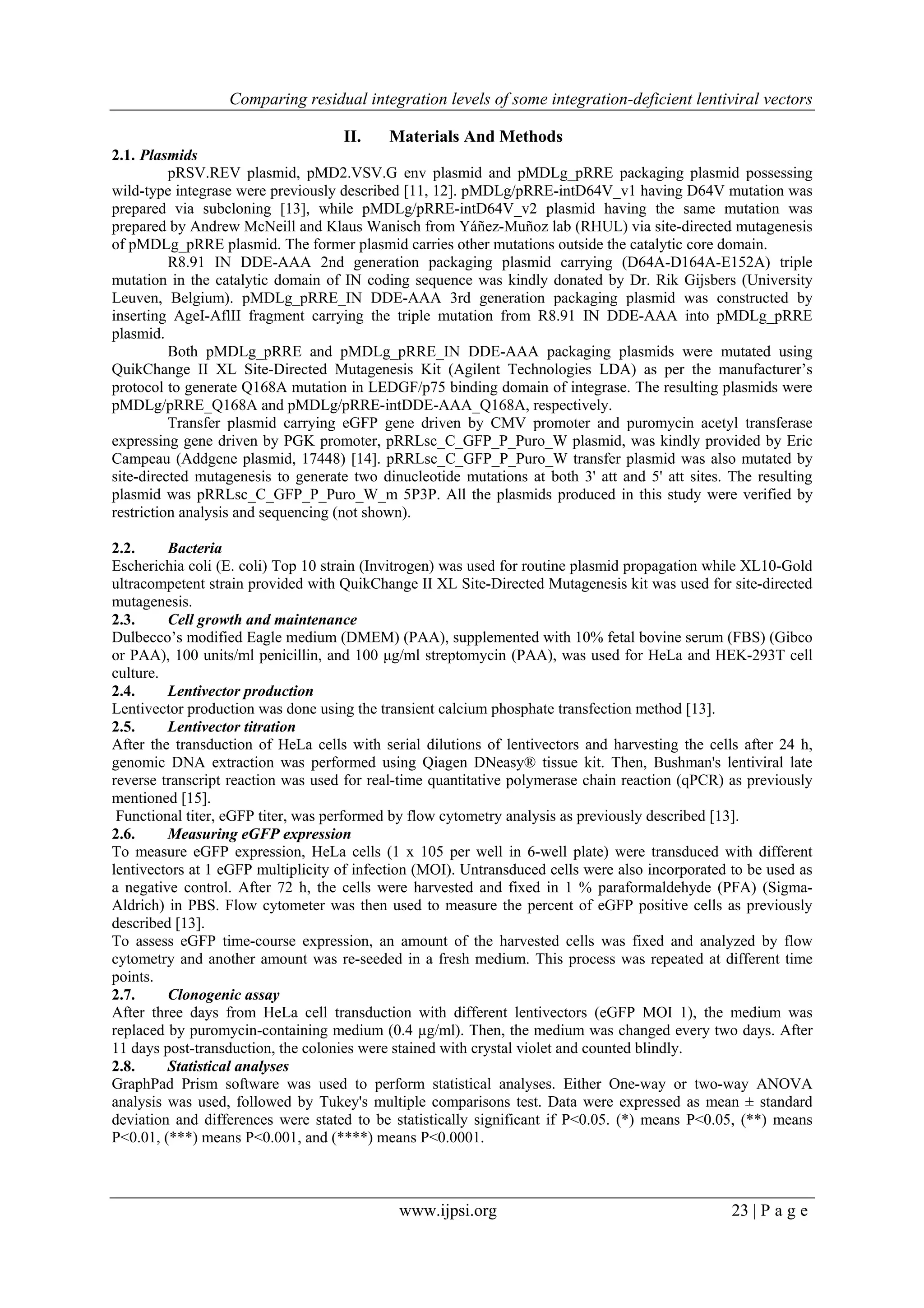 Comparing residual integration levels of some integration-deficient lentiviral vectors
www.ijpsi.org 23 | P a g e
II. Materials And Methods
2.1. Plasmids
pRSV.REV plasmid, pMD2.VSV.G env plasmid and pMDLg_pRRE packaging plasmid possessing
wild-type integrase were previously described [11, 12]. pMDLg/pRRE-intD64V_v1 having D64V mutation was
prepared via subcloning [13], while pMDLg/pRRE-intD64V_v2 plasmid having the same mutation was
prepared by Andrew McNeill and Klaus Wanisch from Yáñez-Muñoz lab (RHUL) via site-directed mutagenesis
of pMDLg_pRRE plasmid. The former plasmid carries other mutations outside the catalytic core domain.
R8.91 IN DDE-AAA 2nd generation packaging plasmid carrying (D64A-D164A-E152A) triple
mutation in the catalytic domain of IN coding sequence was kindly donated by Dr. Rik Gijsbers (University
Leuven, Belgium). pMDLg_pRRE_IN DDE-AAA 3rd generation packaging plasmid was constructed by
inserting AgeI-AflII fragment carrying the triple mutation from R8.91 IN DDE-AAA into pMDLg_pRRE
plasmid.
Both pMDLg_pRRE and pMDLg_pRRE_IN DDE-AAA packaging plasmids were mutated using
QuikChange II XL Site-Directed Mutagenesis Kit (Agilent Technologies LDA) as per the manufacturer’s
protocol to generate Q168A mutation in LEDGF/p75 binding domain of integrase. The resulting plasmids were
pMDLg/pRRE_Q168A and pMDLg/pRRE-intDDE-AAA_Q168A, respectively.
Transfer plasmid carrying eGFP gene driven by CMV promoter and puromycin acetyl transferase
expressing gene driven by PGK promoter, pRRLsc_C_GFP_P_Puro_W plasmid, was kindly provided by Eric
Campeau (Addgene plasmid, 17448) [14]. pRRLsc_C_GFP_P_Puro_W transfer plasmid was also mutated by
site-directed mutagenesis to generate two dinucleotide mutations at both 3' att and 5' att sites. The resulting
plasmid was pRRLsc_C_GFP_P_Puro_W_m 5P3P. All the plasmids produced in this study were verified by
restriction analysis and sequencing (not shown).
2.2. Bacteria
Escherichia coli (E. coli) Top 10 strain (Invitrogen) was used for routine plasmid propagation while XL10-Gold
ultracompetent strain provided with QuikChange II XL Site-Directed Mutagenesis kit was used for site-directed
mutagenesis.
2.3. Cell growth and maintenance
Dulbecco’s modified Eagle medium (DMEM) (PAA), supplemented with 10% fetal bovine serum (FBS) (Gibco
or PAA), 100 units/ml penicillin, and 100 μg/ml streptomycin (PAA), was used for HeLa and HEK-293T cell
culture.
2.4. Lentivector production
Lentivector production was done using the transient calcium phosphate transfection method [13].
2.5. Lentivector titration
After the transduction of HeLa cells with serial dilutions of lentivectors and harvesting the cells after 24 h,
genomic DNA extraction was performed using Qiagen DNeasy® tissue kit. Then, Bushman's lentiviral late
reverse transcript reaction was used for real-time quantitative polymerase chain reaction (qPCR) as previously
mentioned [15].
Functional titer, eGFP titer, was performed by flow cytometry analysis as previously described [13].
2.6. Measuring eGFP expression
To measure eGFP expression, HeLa cells (1 x 105 per well in 6-well plate) were transduced with different
lentivectors at 1 eGFP multiplicity of infection (MOI). Untransduced cells were also incorporated to be used as
a negative control. After 72 h, the cells were harvested and fixed in 1 % paraformaldehyde (PFA) (Sigma-
Aldrich) in PBS. Flow cytometer was then used to measure the percent of eGFP positive cells as previously
described [13].
To assess eGFP time-course expression, an amount of the harvested cells was fixed and analyzed by flow
cytometry and another amount was re-seeded in a fresh medium. This process was repeated at different time
points.
2.7. Clonogenic assay
After three days from HeLa cell transduction with different lentivectors (eGFP MOI 1), the medium was
replaced by puromycin-containing medium (0.4 µg/ml). Then, the medium was changed every two days. After
11 days post-transduction, the colonies were stained with crystal violet and counted blindly.
2.8. Statistical analyses
GraphPad Prism software was used to perform statistical analyses. Either One-way or two-way ANOVA
analysis was used, followed by Tukey's multiple comparisons test. Data were expressed as mean ± standard
deviation and differences were stated to be statistically significant if P<0.05. (*) means P<0.05, (**) means
P<0.01, (***) means P<0.001, and (****) means P<0.0001.
 