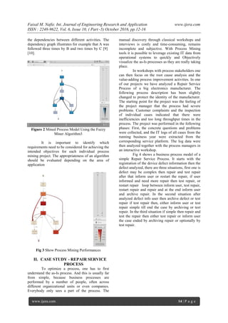Faisal M. Nafie. Int. Journal of Engineering Research and Application www.ijera.com
ISSN : 2248-9622, Vol. 6, Issue 10, ( Part -5) October 2016, pp.12-16
www.ijera.com 14 | P a g e
the dependencies between different activities. The
dependency graph illustrates for example that A was
followed three times by B and two times by C [9]
[10].
Figure 2 Mined Process Model Using the Fuzzy
Miner Algorithm3
It is important to identify which
requirements need to be considered for achieving the
intended objectives for each individual process
mining project. The appropriateness of an algorithm
should be evaluated depending on the area of
application
Fig 3 Show Process Mining Performances
II. CASE STUDY - REPAIR SERVICE
PROCESS
To optimize a process, one has to first
understand the as-Is process. And this is usually far
from simple, because business processes are
performed by a number of people, often across
different organizational units or even companies.
Everybody only sees a part of the process. The
manual discovery through classical workshops and
interviews is costly and time-consuming, remains
incomplete and subjective. With Process Mining
tools it is possible to leverage existing IT data from
operational systems to quickly and Objectively
visualize the as-Is processes as they are really taking
place.
In workshops with process stakeholders one
can then focus on the root cause analysis and the
value-adding process improvement activities. In one
of our projects we have analyzed a Repair Service
Process of a big electronics manufacturer. The
following process description has been slightly
changed to protect the identity of the manufacturer.
The starting point for the project was the feeling of
the project manager that the process had severe
problems. Customer complaints and the inspection
of individual cases indicated that there were
inefficiencies and too long throughput times in the
process. The project was performed in the following
phases: First, the concrete questions and problems
were collected, and the IT logs of all cases from the
running business year were extracted from the
corresponding service platform. The log data were
then analyzed together with the process managers in
an interactive workshop.
Fig 4 shows a business process model of a
simple Repair Service Process. It starts with the
registration of the device defect information then the
defect analyzed, there are three situations, first one is
defect may be complex then repair and test repair
after that inform user or restart the repair, if user
informed and need more repair then test repair, or
restart repair loop between inform user, test repair,
restart repair and repair and at the end inform user
and archive repair. In the second situation after
analyzed defect info user then archive defect or test
repair if test repair then, either inform user or test
repair simple till end the case by archiving or test
repair. In the third situation if simple then repair and
test the repair then either test repair or inform user
the case ended by archiving repair or optionally by
test repair.
 