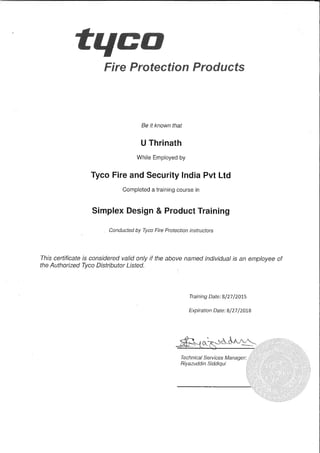 Tyco Simplex Design & Product certificate