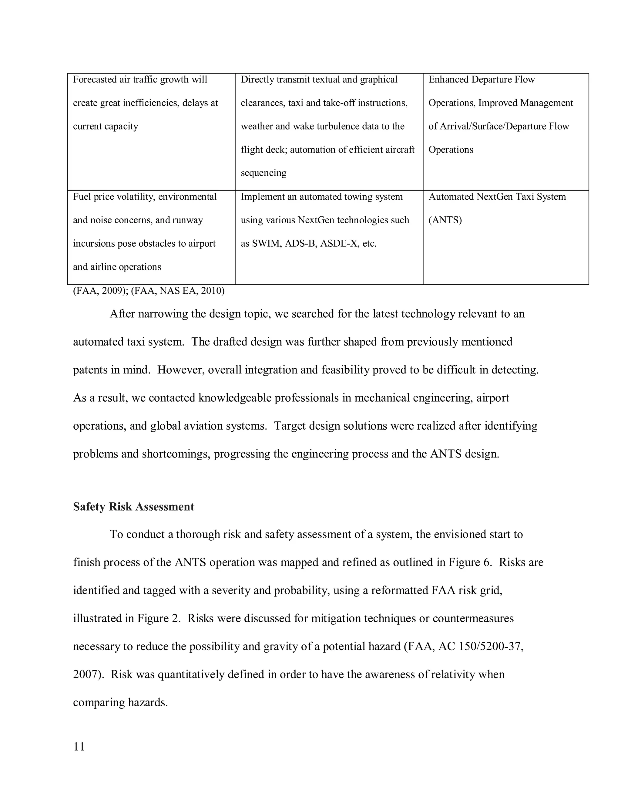 11
Forecasted air traffic growth will
create great inefficiencies, delays at
current capacity
Directly transmit textual and graphical
clearances, taxi and take-off instructions,
weather and wake turbulence data to the
flight deck; automation of efficient aircraft
sequencing
Enhanced Departure Flow
Operations, Improved Management
of Arrival/Surface/Departure Flow
Operations
Fuel price volatility, environmental
and noise concerns, and runway
incursions pose obstacles to airport
and airline operations
Implement an automated towing system
using various NextGen technologies such
as SWIM, ADS-B, ASDE-X, etc.
Automated NextGen Taxi System
(ANTS)
(FAA, 2009); (FAA, NAS EA, 2010)
After narrowing the design topic, we searched for the latest technology relevant to an
automated taxi system. The drafted design was further shaped from previously mentioned
patents in mind. However, overall integration and feasibility proved to be difficult in detecting.
As a result, we contacted knowledgeable professionals in mechanical engineering, airport
operations, and global aviation systems. Target design solutions were realized after identifying
problems and shortcomings, progressing the engineering process and the ANTS design.
Safety Risk Assessment
To conduct a thorough risk and safety assessment of a system, the envisioned start to
finish process of the ANTS operation was mapped and refined as outlined in Figure 6. Risks are
identified and tagged with a severity and probability, using a reformatted FAA risk grid,
illustrated in Figure 2. Risks were discussed for mitigation techniques or countermeasures
necessary to reduce the possibility and gravity of a potential hazard (FAA, AC 150/5200-37,
2007). Risk was quantitatively defined in order to have the awareness of relativity when
comparing hazards.
 