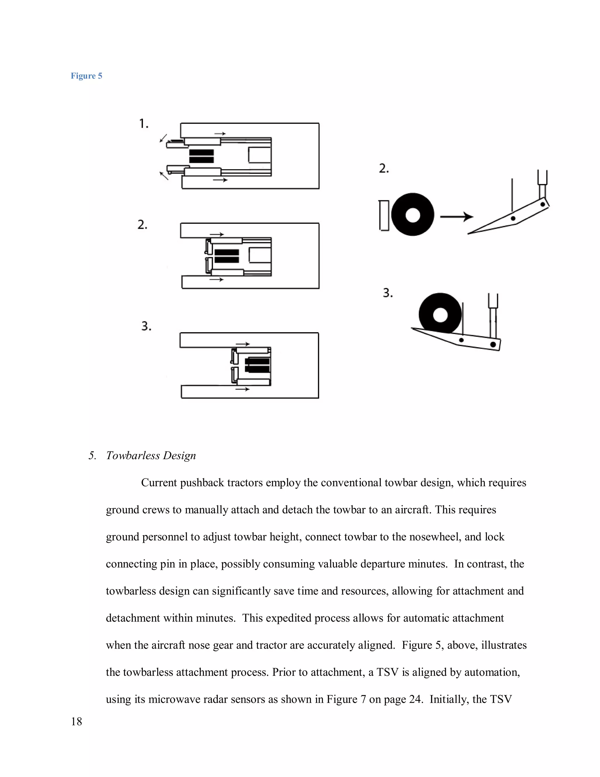18
Figure 5
5. Towbarless Design
Current pushback tractors employ the conventional towbar design, which requires
ground crews to manually attach and detach the towbar to an aircraft. This requires
ground personnel to adjust towbar height, connect towbar to the nosewheel, and lock
connecting pin in place, possibly consuming valuable departure minutes. In contrast, the
towbarless design can significantly save time and resources, allowing for attachment and
detachment within minutes. This expedited process allows for automatic attachment
when the aircraft nose gear and tractor are accurately aligned. Figure 5, above, illustrates
the towbarless attachment process. Prior to attachment, a TSV is aligned by automation,
using its microwave radar sensors as shown in Figure 7 on page 24. Initially, the TSV
 