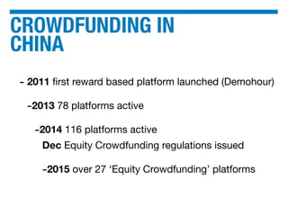 CROWDFUNDING IN
CHINA
- 2011 ﬁrst reward based platform launched (Demohour)
-2013 78 platforms active
-2014 116 platforms active
Dec Equity Crowdfunding regulations issued
-2015 over 27 ‘Equity Crowdfunding’ platforms
 